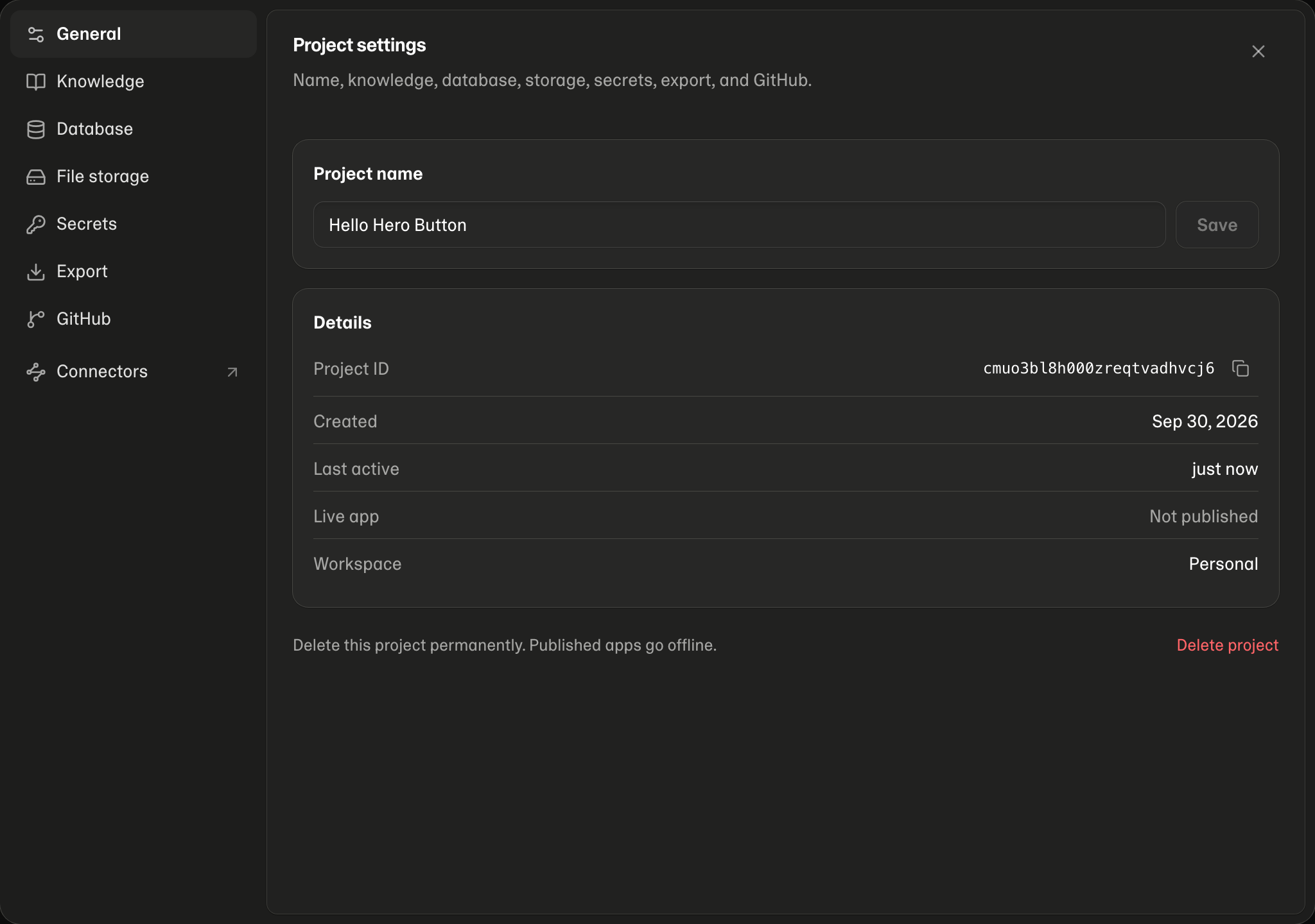 Project settings — General: the project name and its details