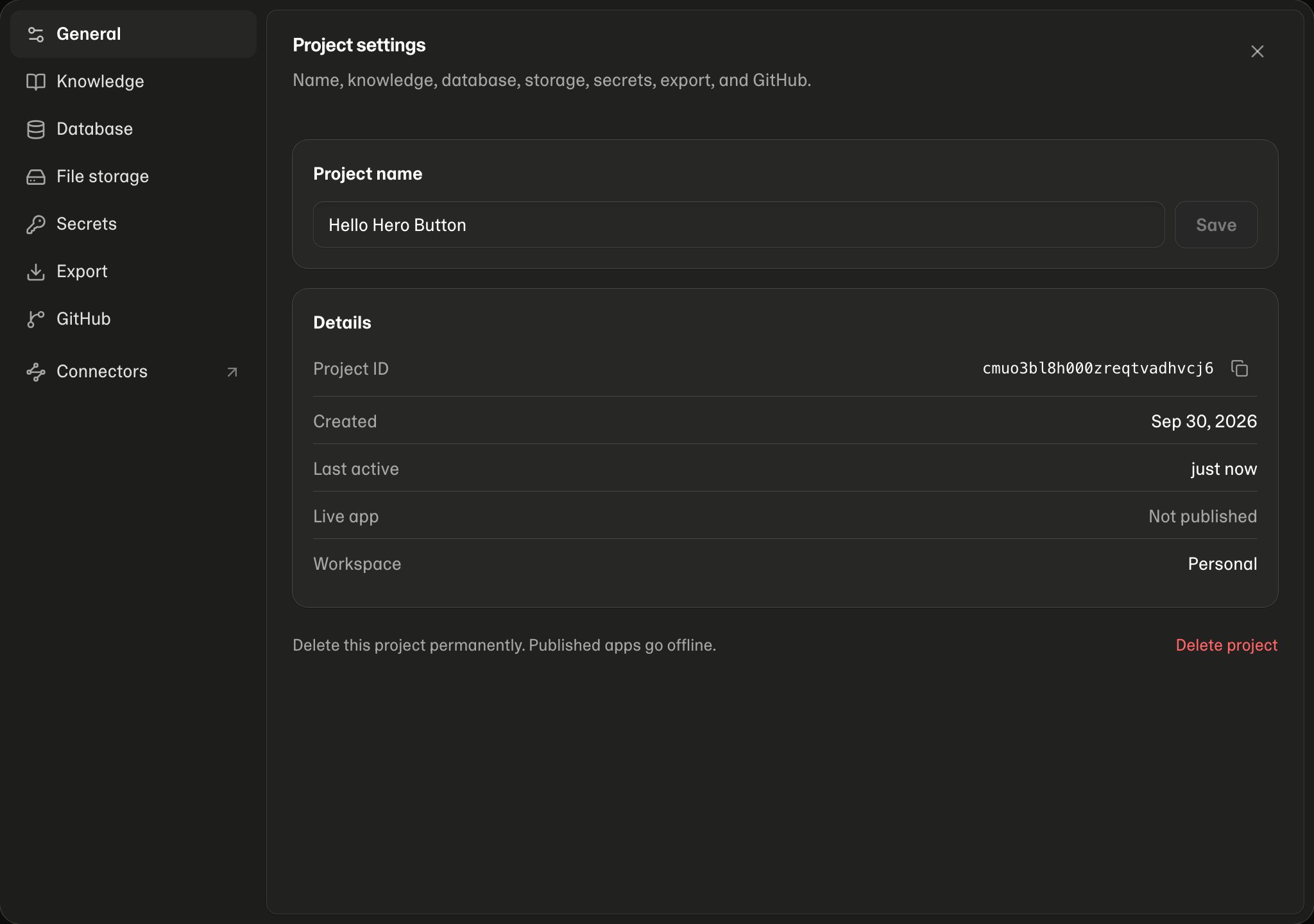 Project settings — General: the project name and its details