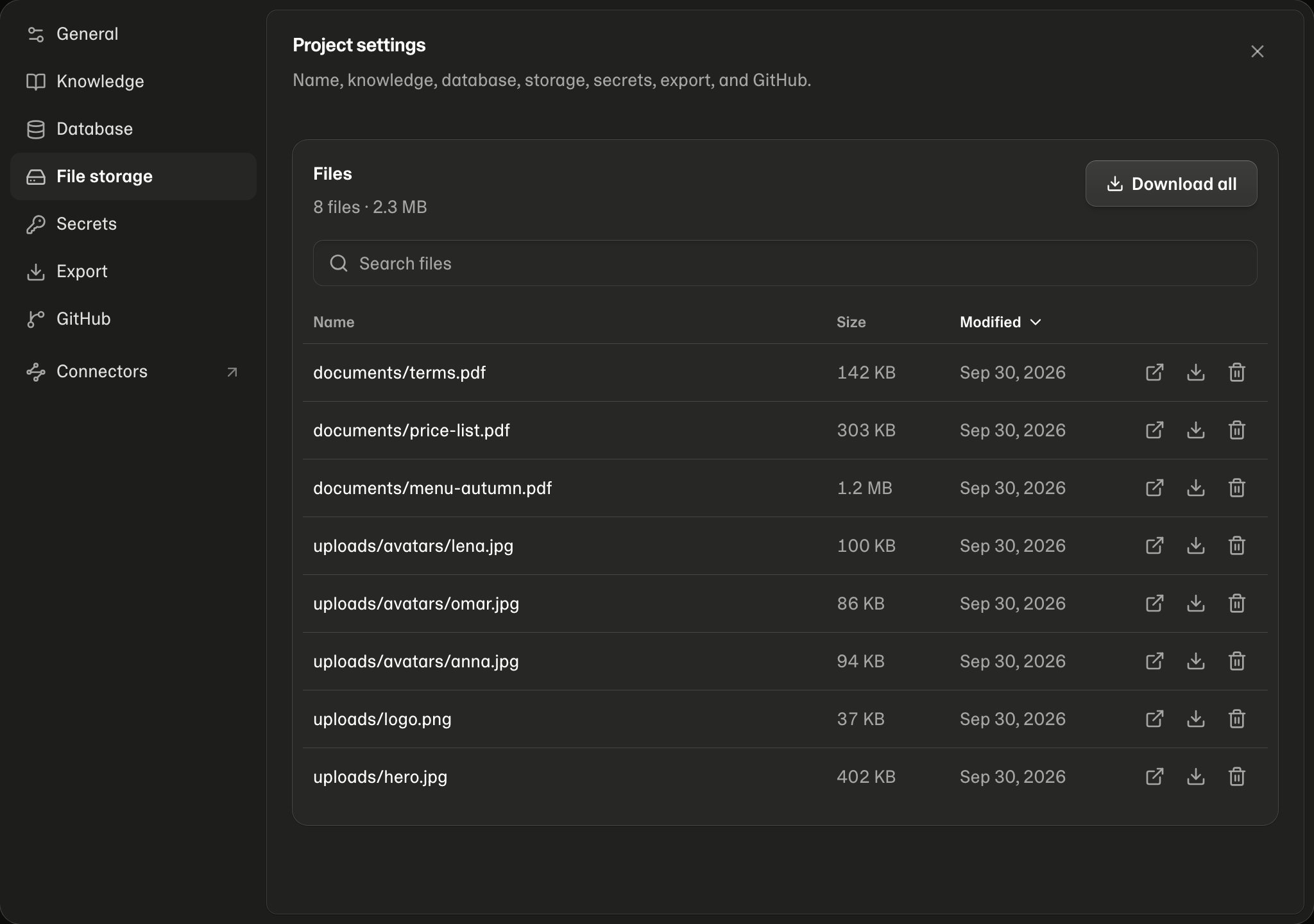 Project settings → File storage