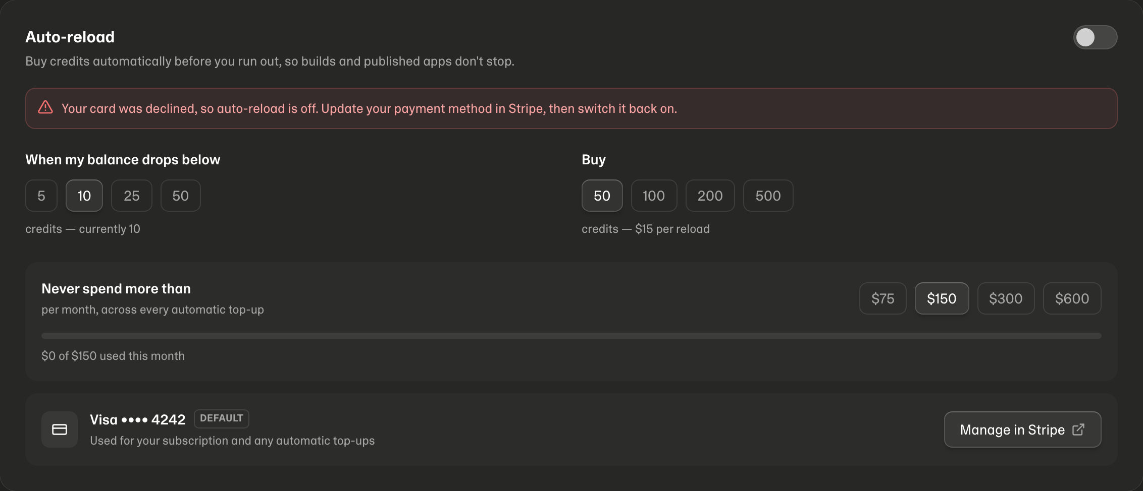 Auto-reload switched off after a declined card, with the reason shown