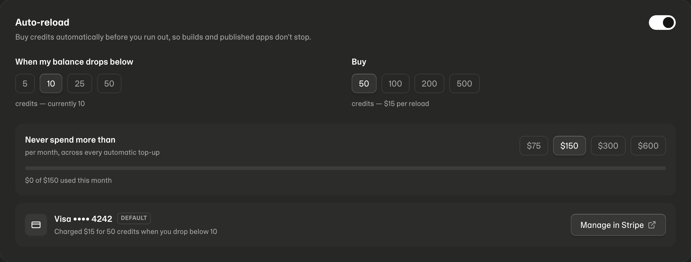 Auto-reload on /billing — trigger, pack size, monthly limit, and the card it charges