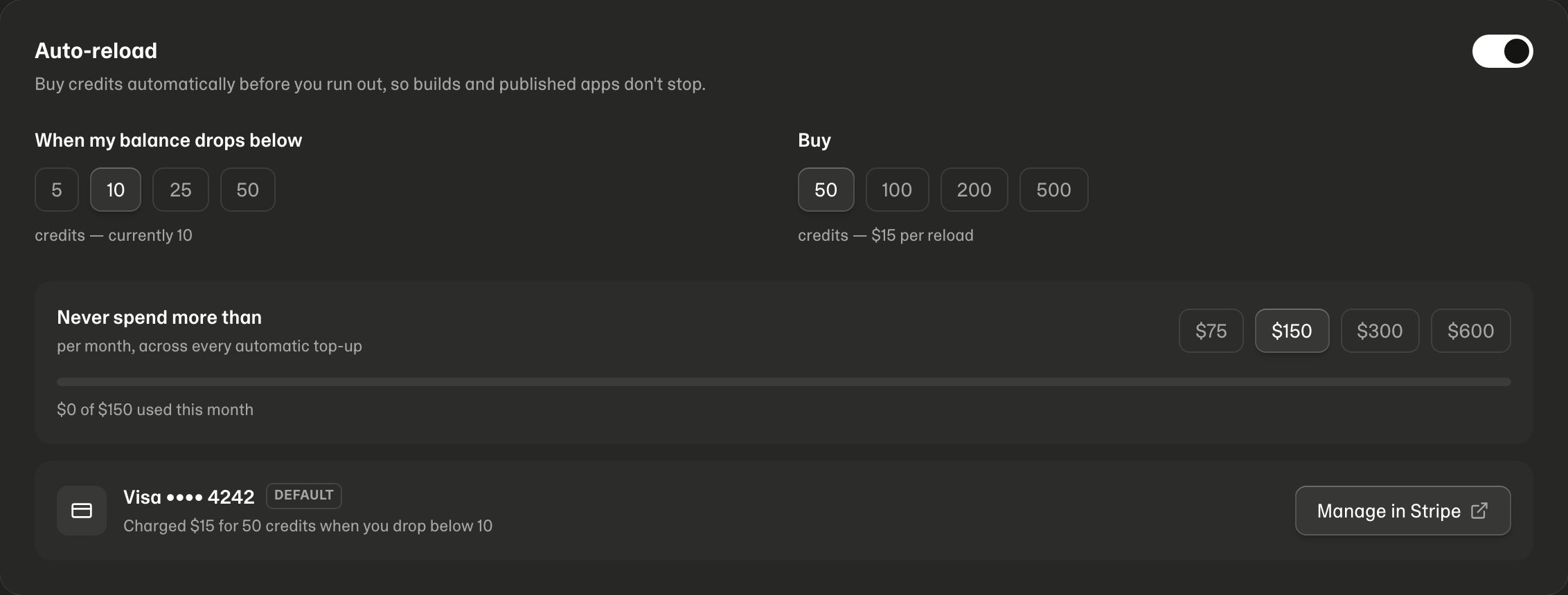 Auto-reload on /billing — trigger, pack size, monthly limit, and the card it charges
