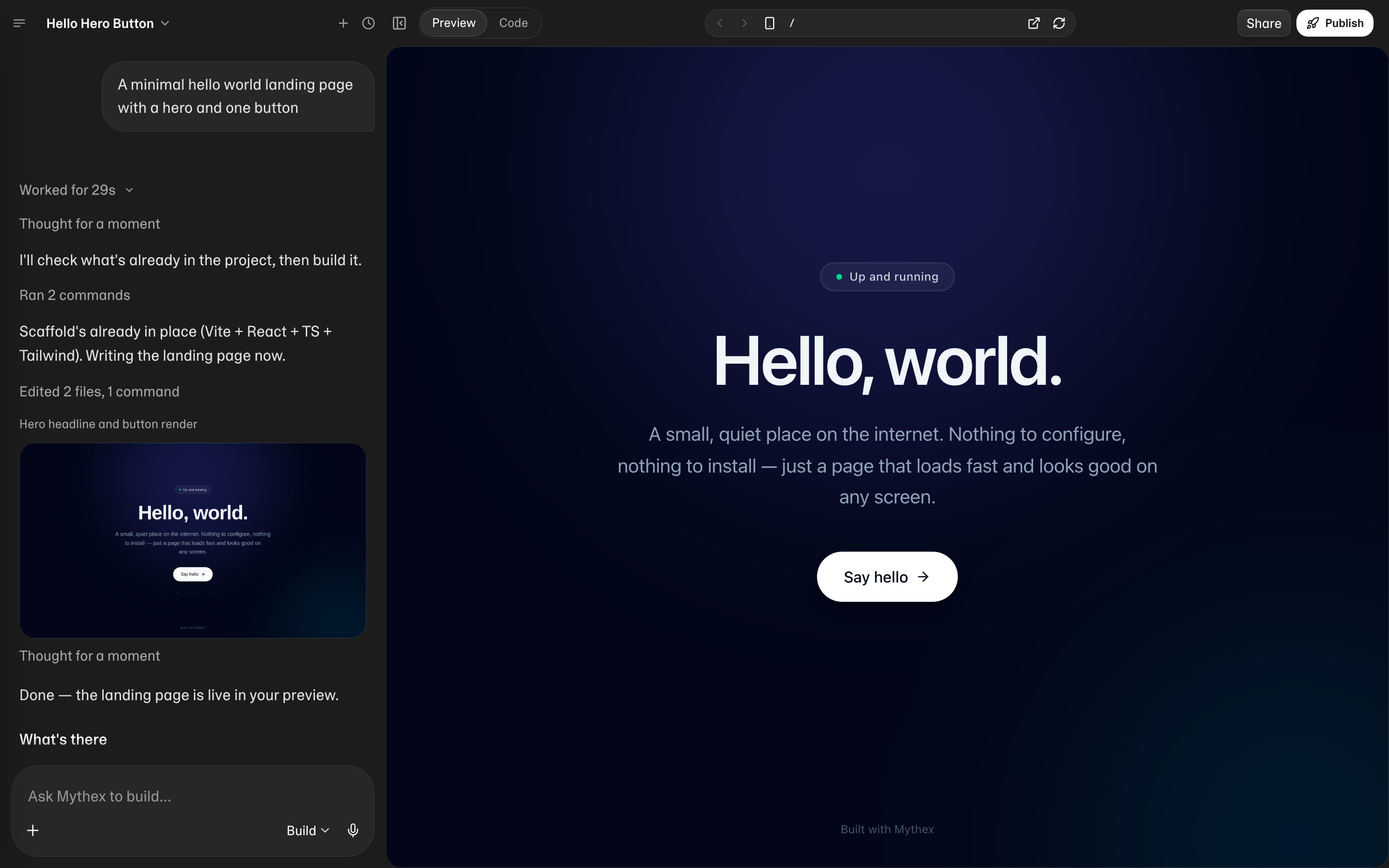 Workspace — chat on the left, Preview or Code on the right