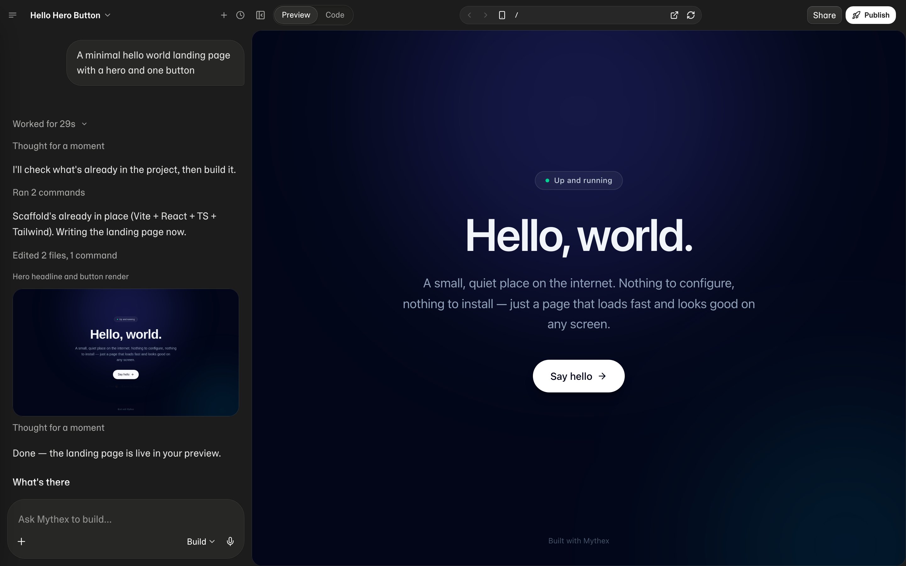 Workspace — chat on the left, Preview or Code on the right