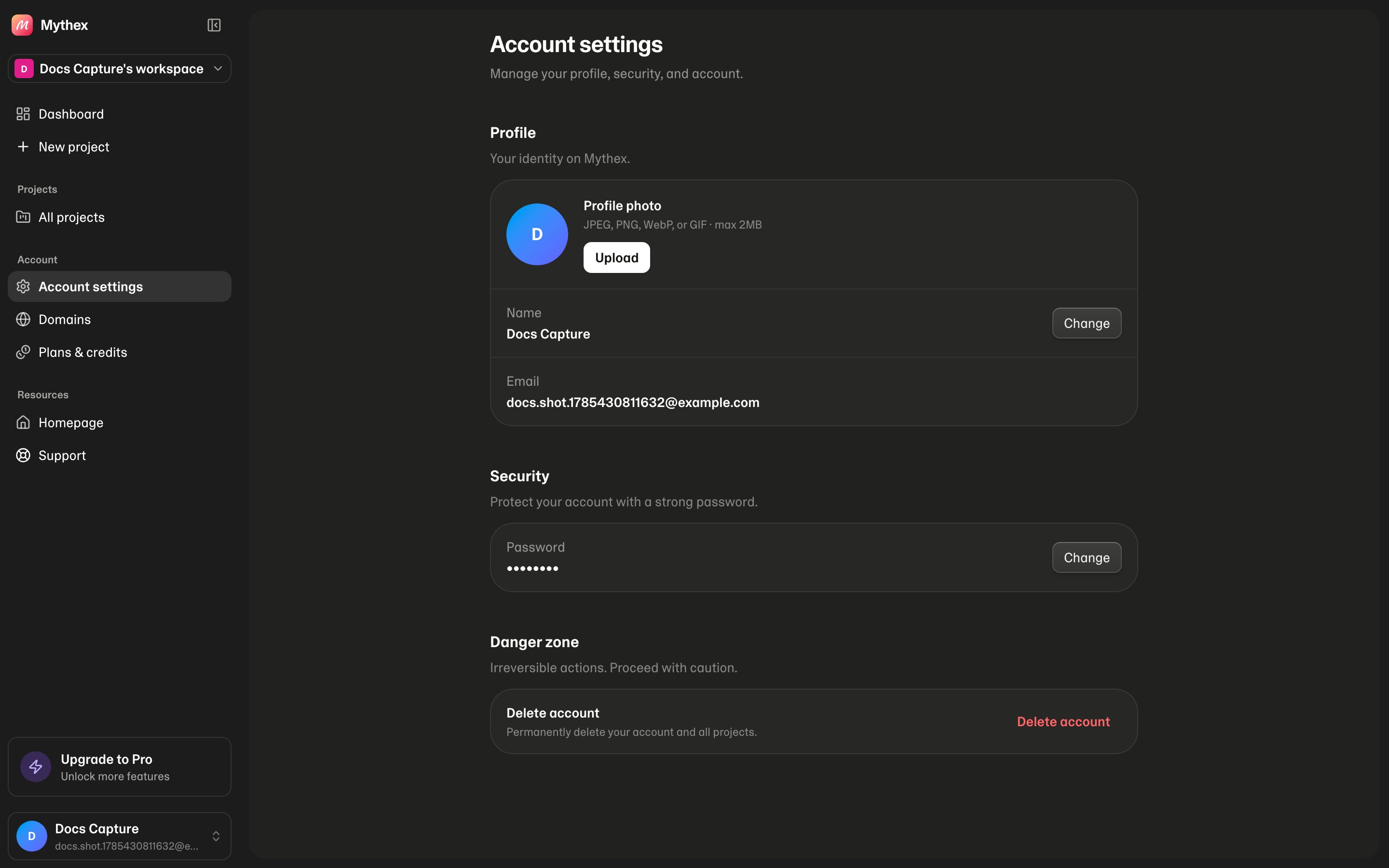 Account settings — profile, password, and delete account