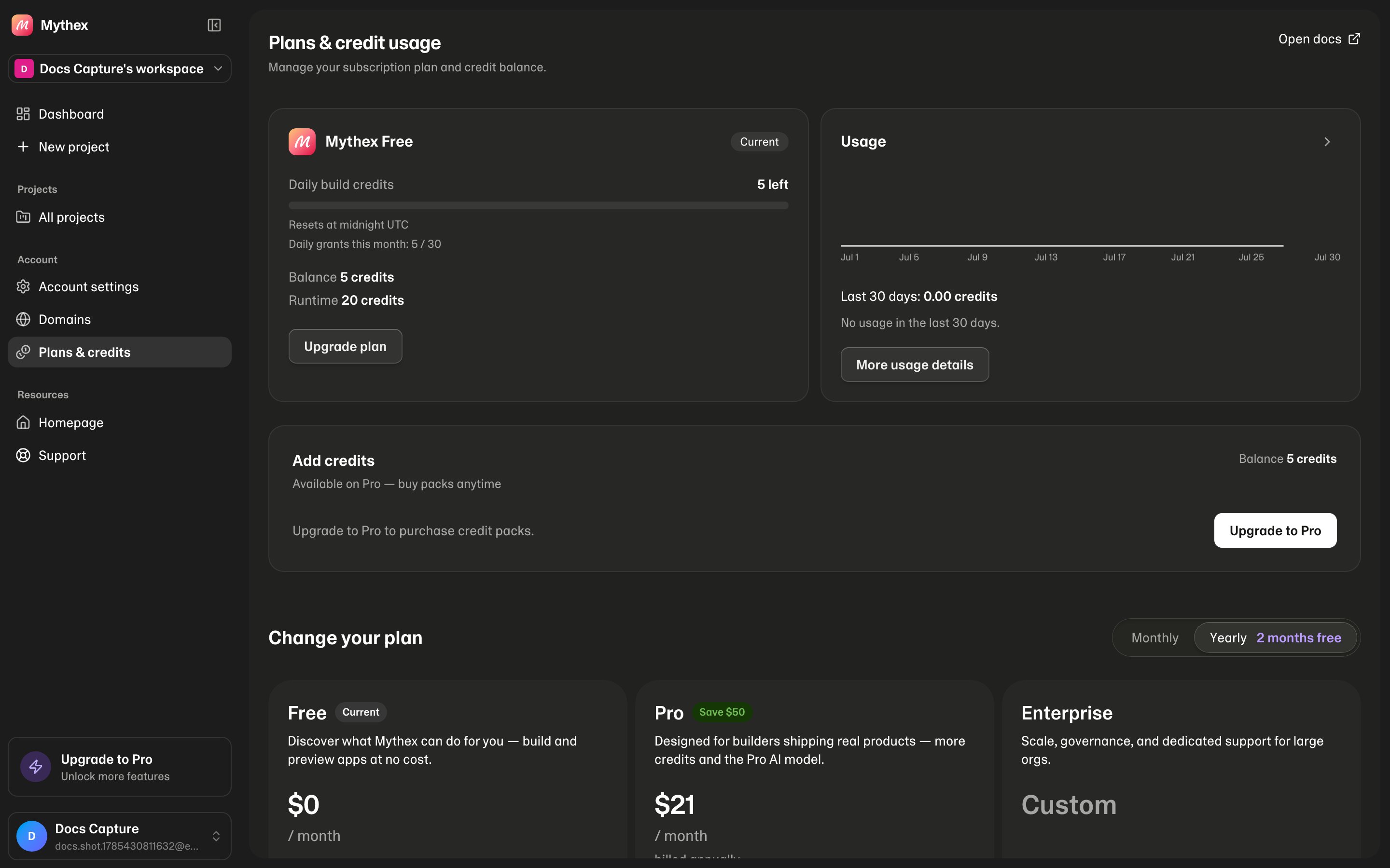 Plans & credit usage — Free vs Pro, balance, and top-ups