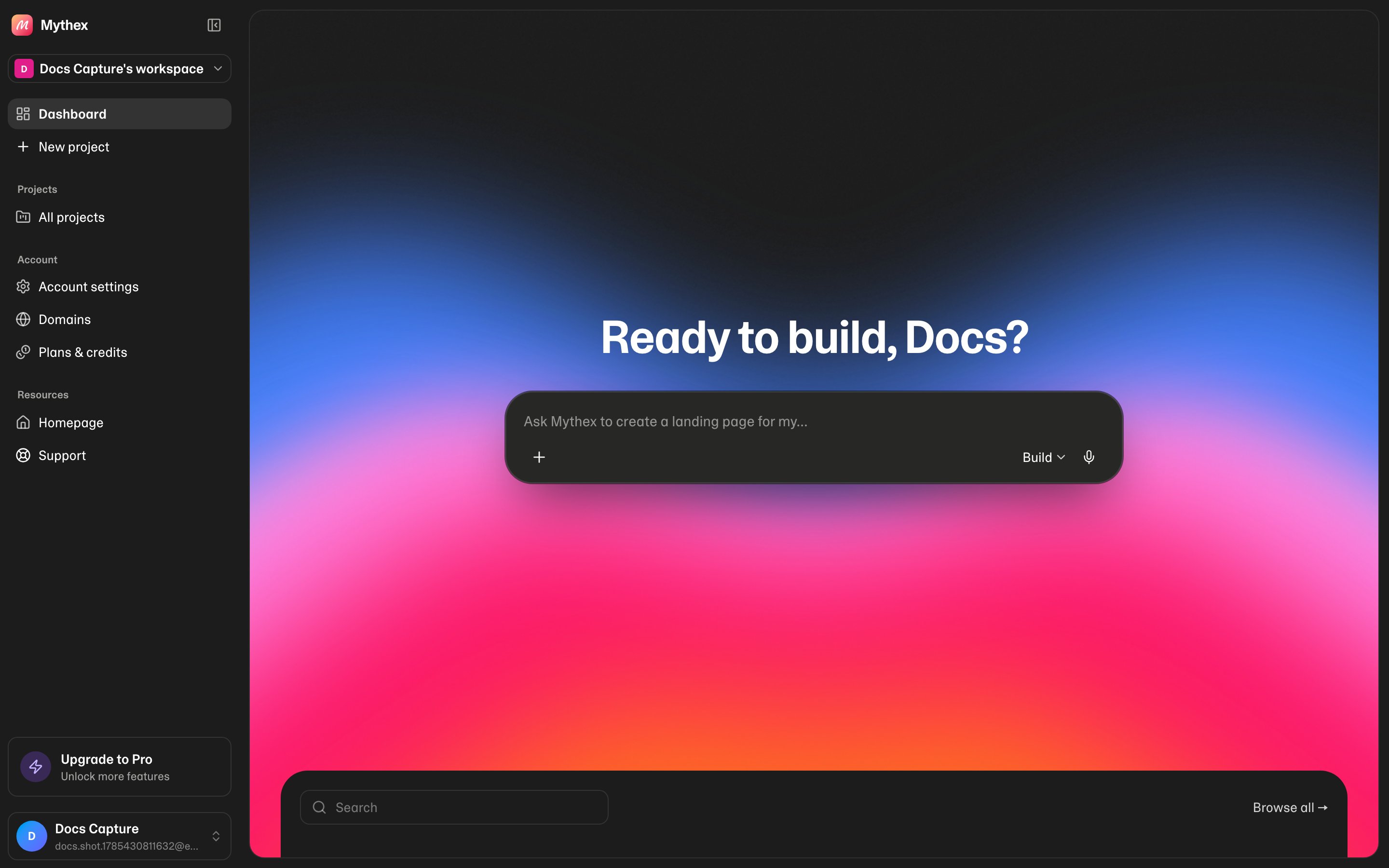 Mythex dashboard — describe an app and start building