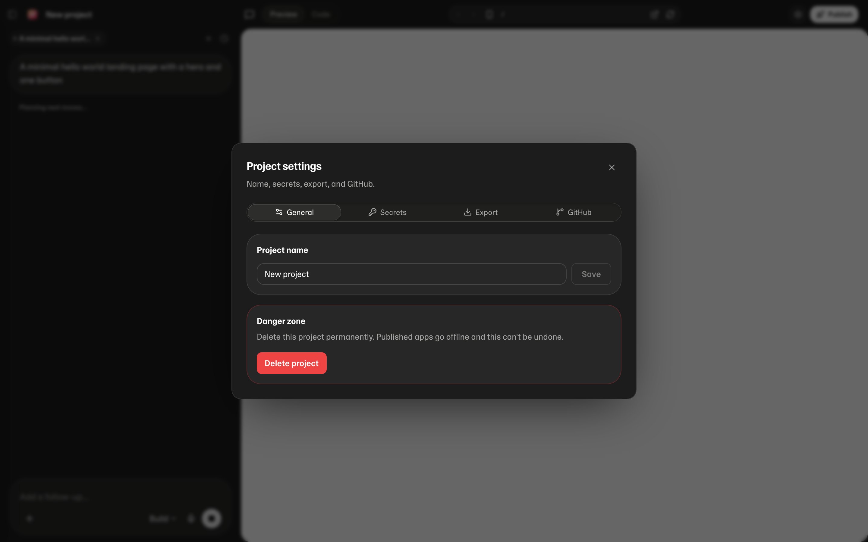 Project settings — General, Secrets, Export, and GitHub