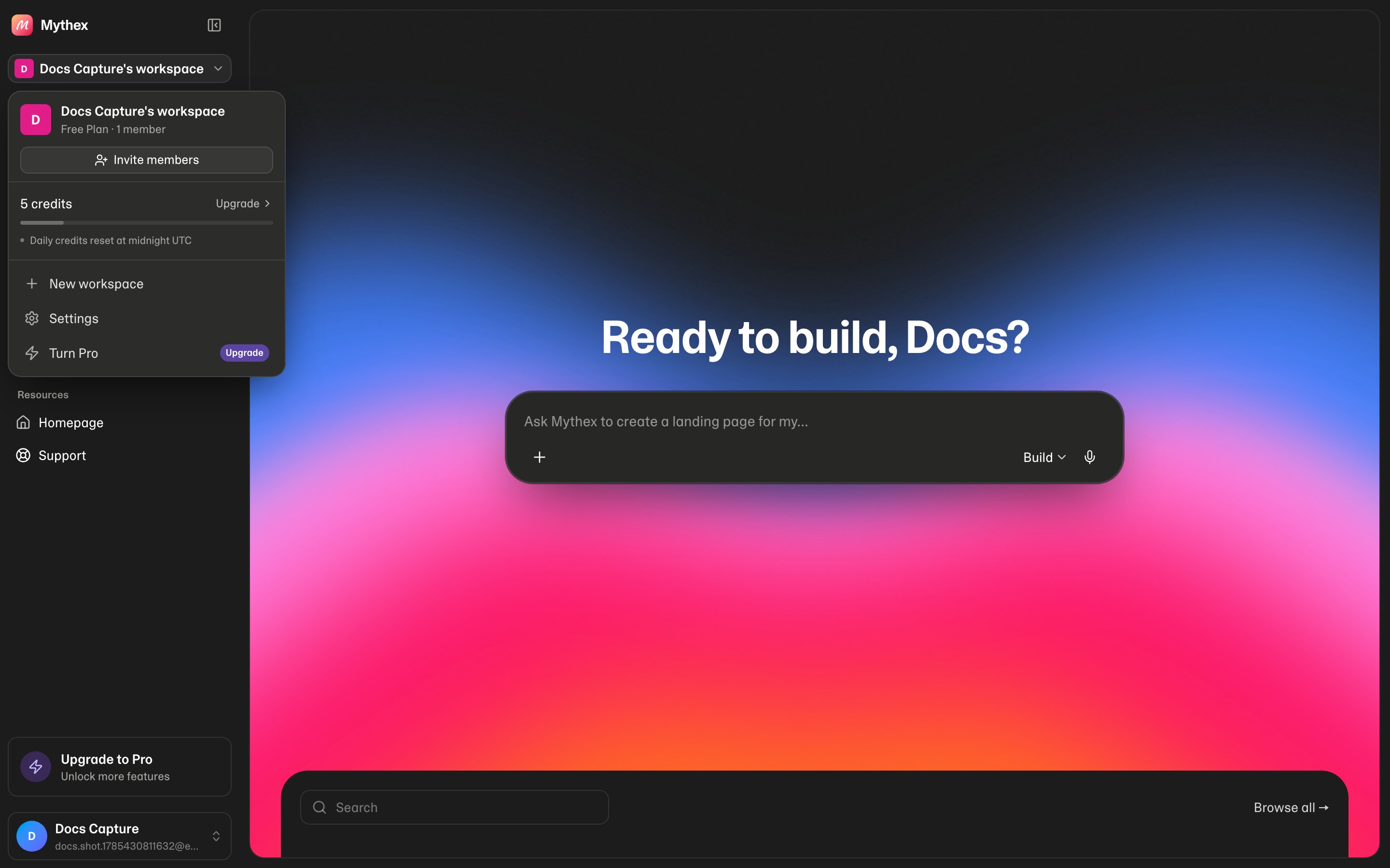 Workspace menu — invite members, credits, and new workspace