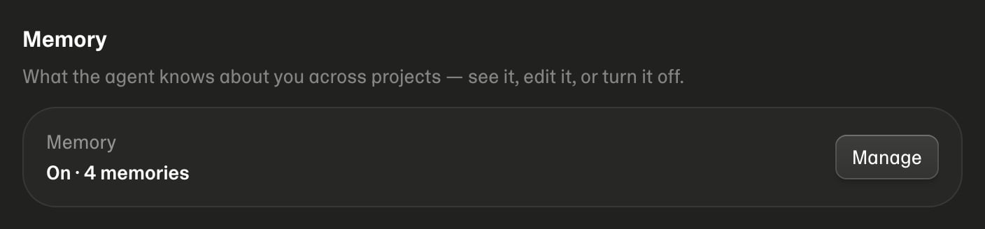 Account settings shows whether memory is on and how many memories you have