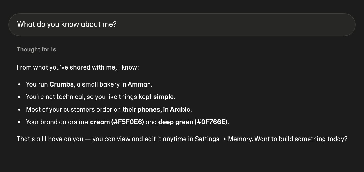 The agent answering "What do you know about me?" in a new chat