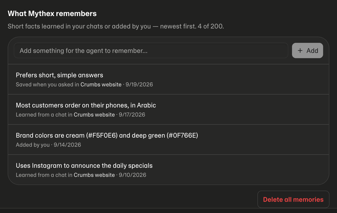The memory list: where each memory came from, with edit and delete
