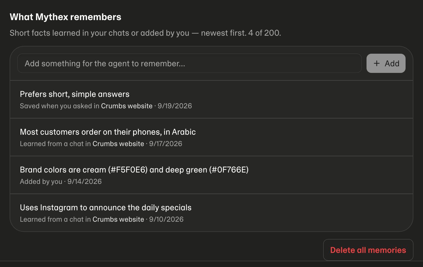 The memory list: where each memory came from, with edit and delete