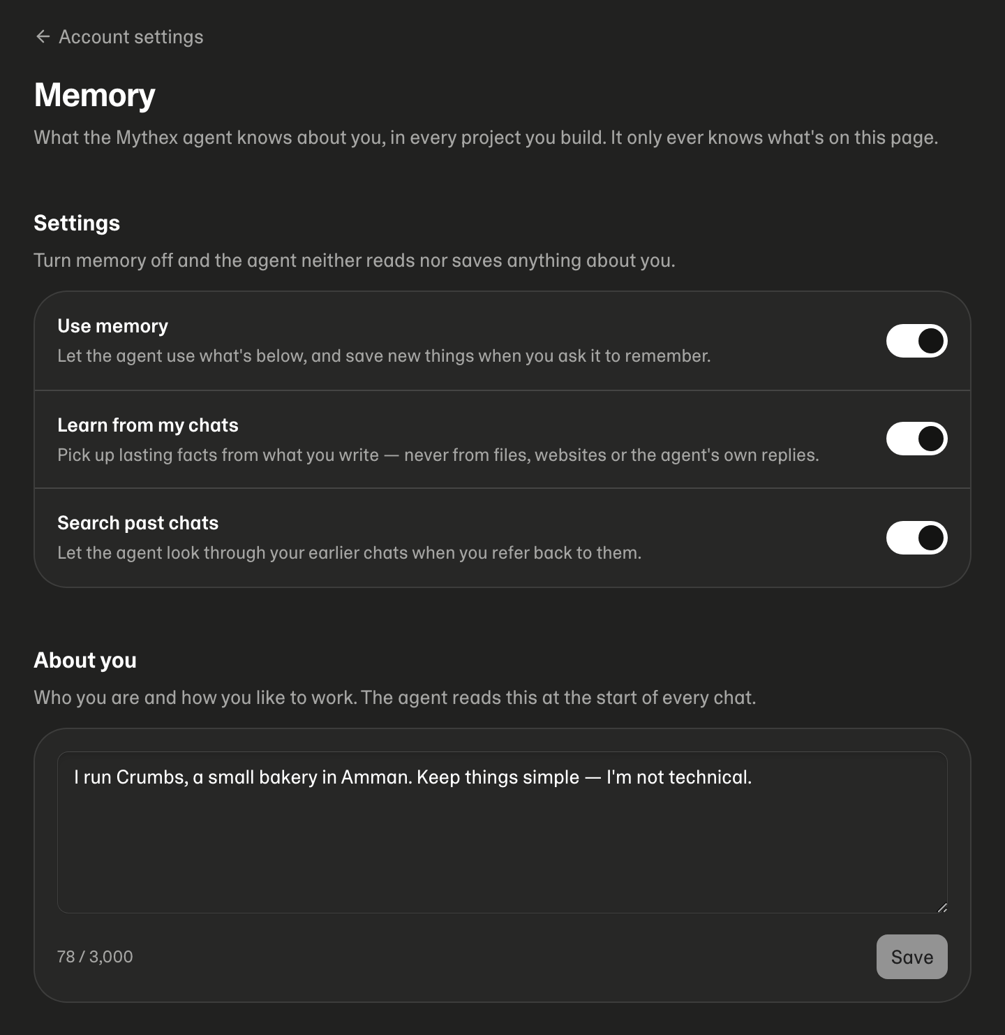 Settings → Memory: the three switches and About you