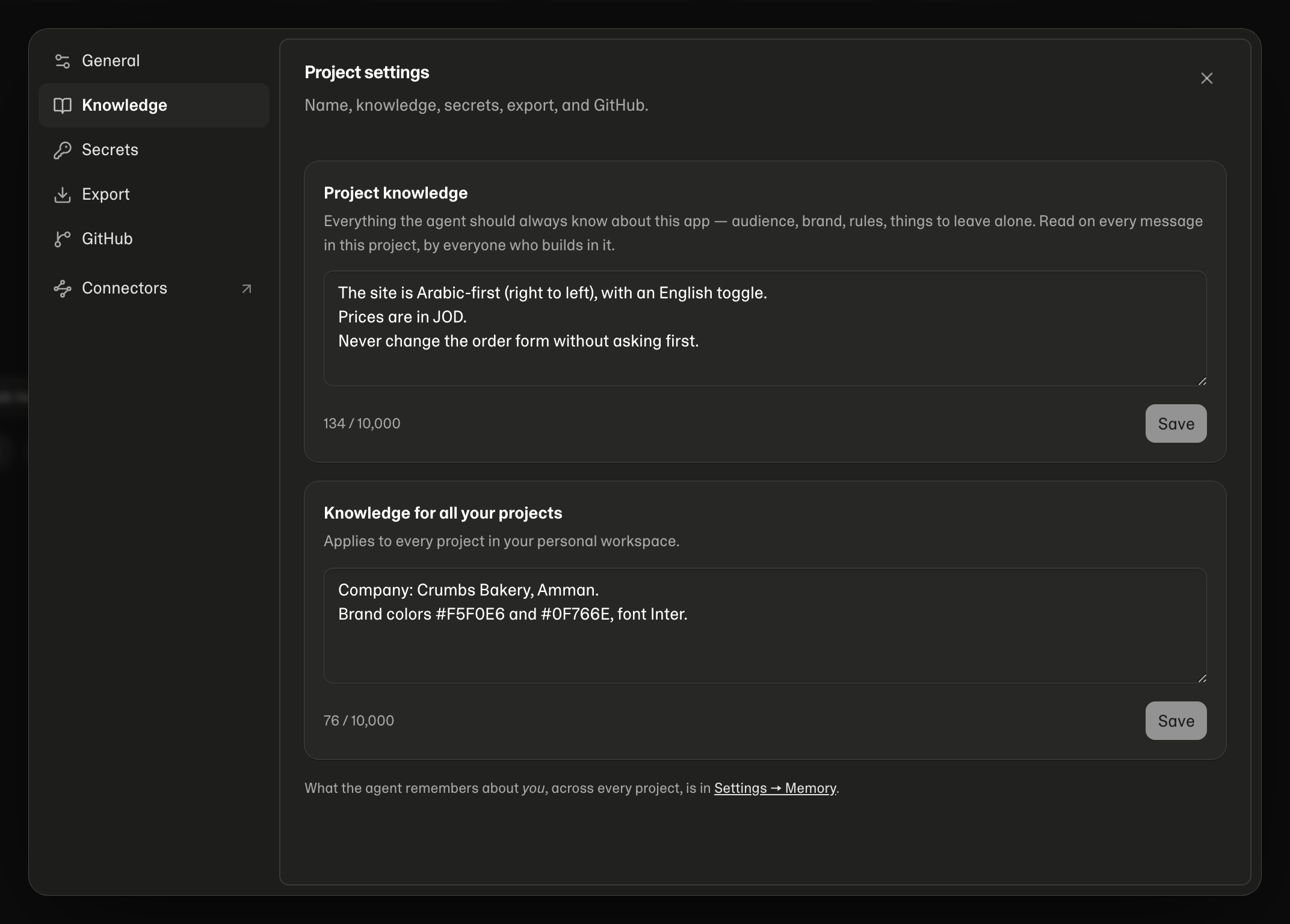Project settings → Knowledge