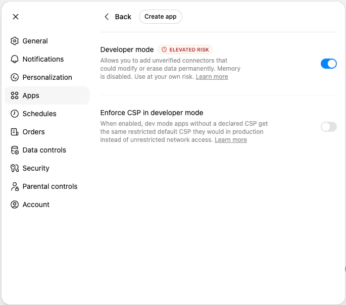 ChatGPT Settings > Apps > Advanced settings with Developer mode toggled on