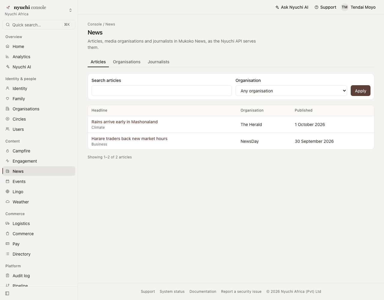 The News page at 1280 pixels with Articles, Organisations and Journalists tabs, a filter bar, and a table of two articles with headline, organisation and published date.