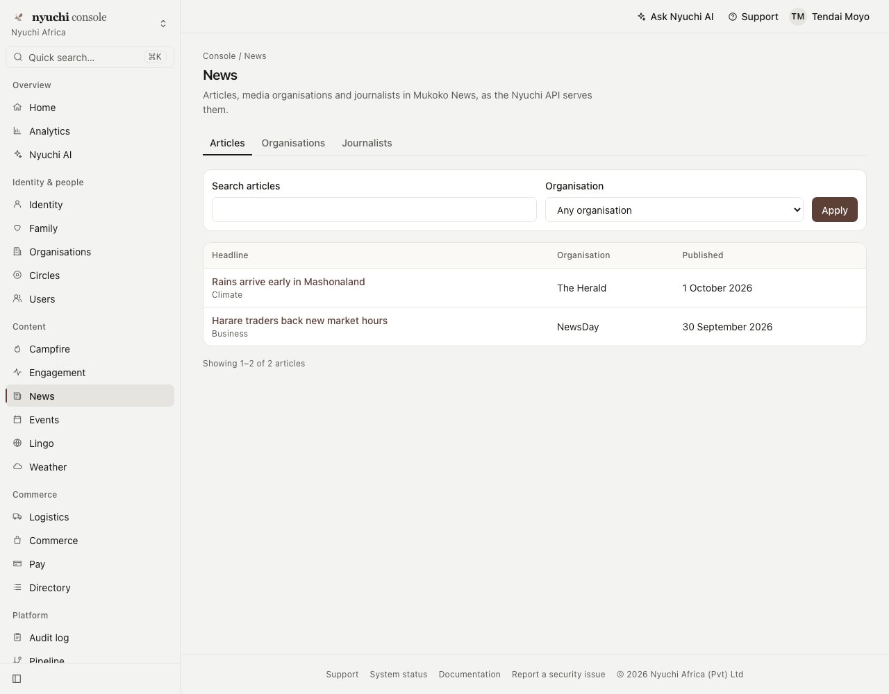 The News page at 1280 pixels with Articles, Organisations and Journalists tabs, a filter bar, and a table of two articles with headline, organisation and published date.