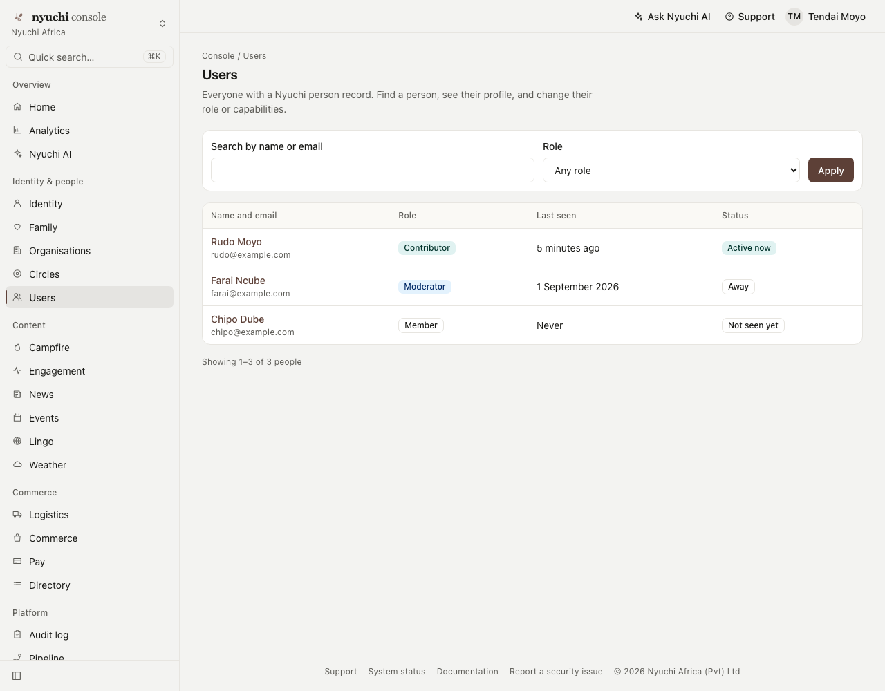 The Users page at 1280 pixels: breadcrumbs reading Console / Users, a title and one line of description, a filter bar with a search field, a role select and an Apply button, and a table of three people with name and email, role badge, last seen and status badge, followed by Showing 1–3 of 3 people.