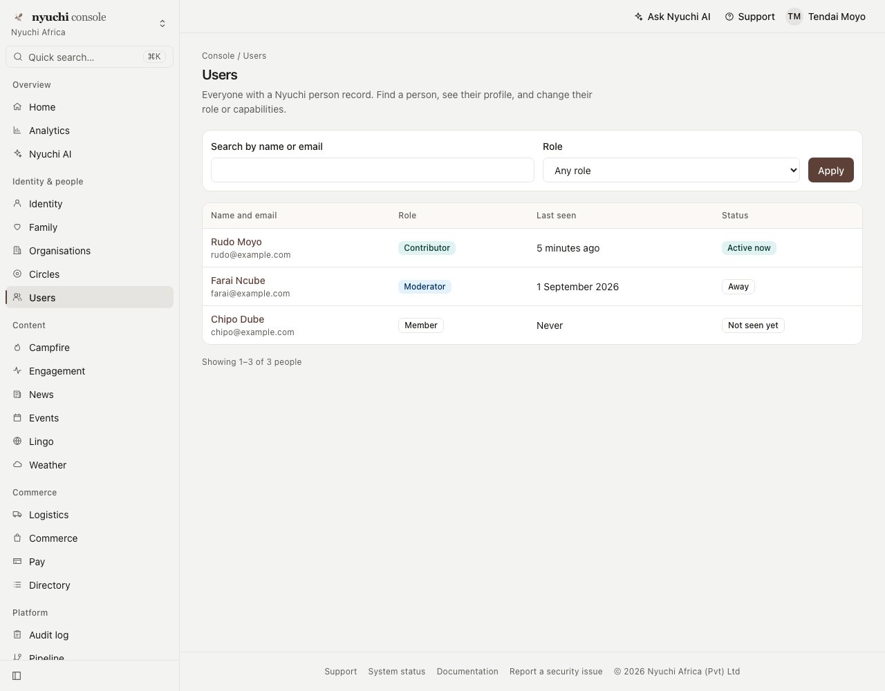 The Users page at 1280 pixels: breadcrumbs reading Console / Users, a title and one line of description, a filter bar with a search field, a role select and an Apply button, and a table of three people with name and email, role badge, last seen and status badge, followed by Showing 1–3 of 3 people.