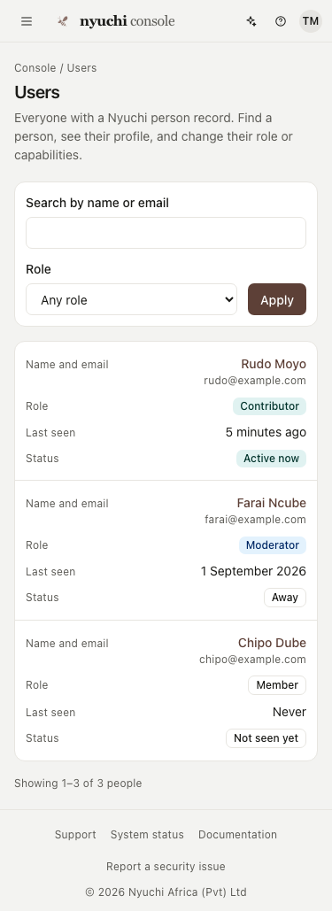 The Users page at 375 pixels wide: a top bar with a menu button, the nyuchi console mark and icon-only actions; the page header; a stacked filter form; and each person shown as a card listing name and email, role, last seen and status.