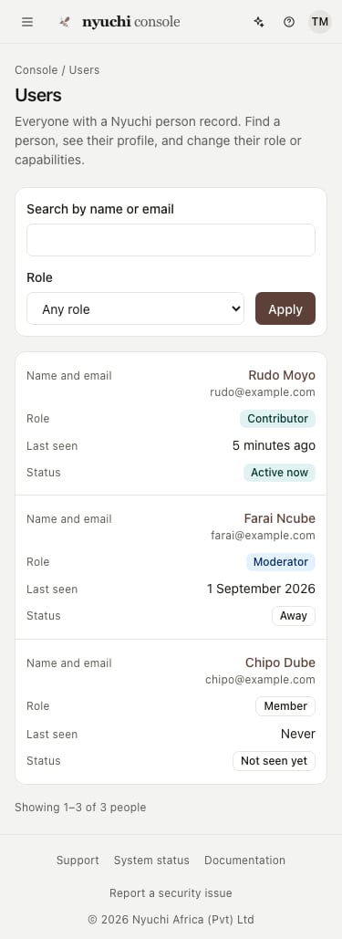 The Users page at 375 pixels wide: a top bar with a menu button, the nyuchi console mark and icon-only actions; the page header; a stacked filter form; and each person shown as a card listing name and email, role, last seen and status.
