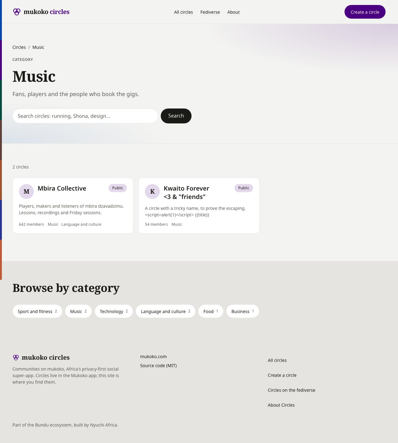 A Mukoko Circles category page at 1280 pixels: breadcrumbs reading Circles / Music, a Category eyebrow and a Music heading, a search box, a line reading 2 circles, two circle cards, and a Browse by category band of chips.