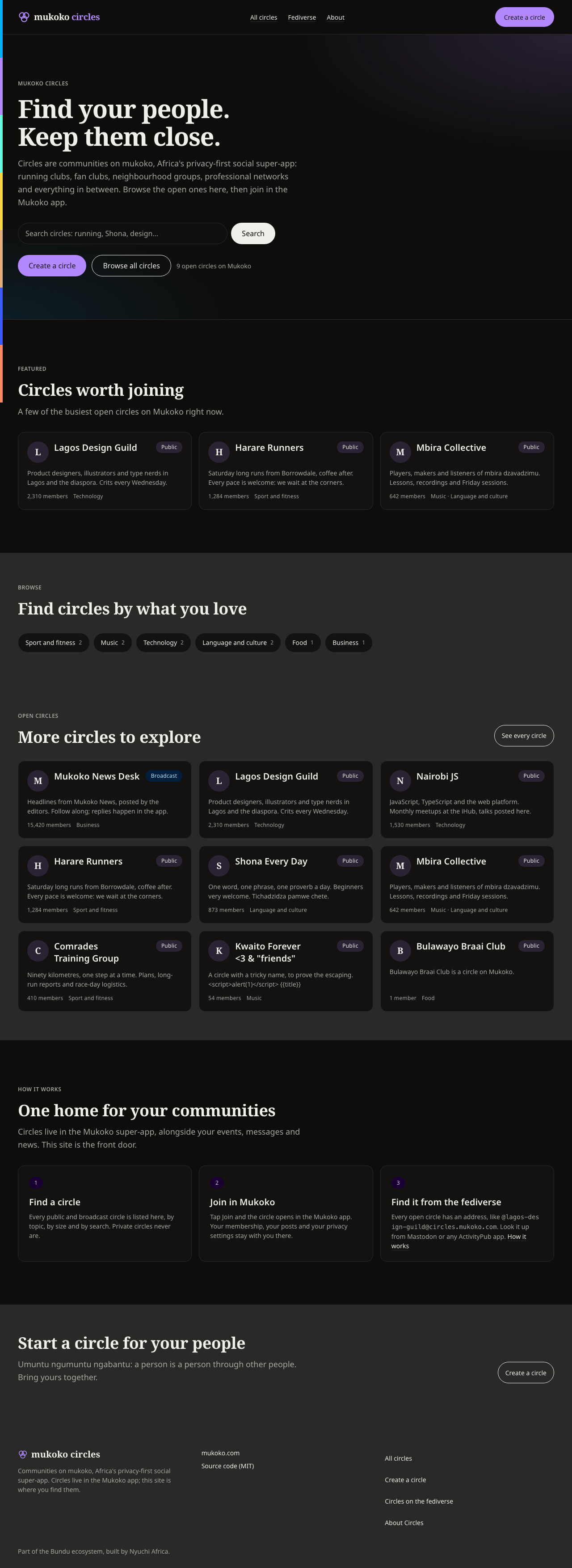 The Mukoko Circles home page at 1280 pixels in dark mode, with the same layout on a near-black surface.