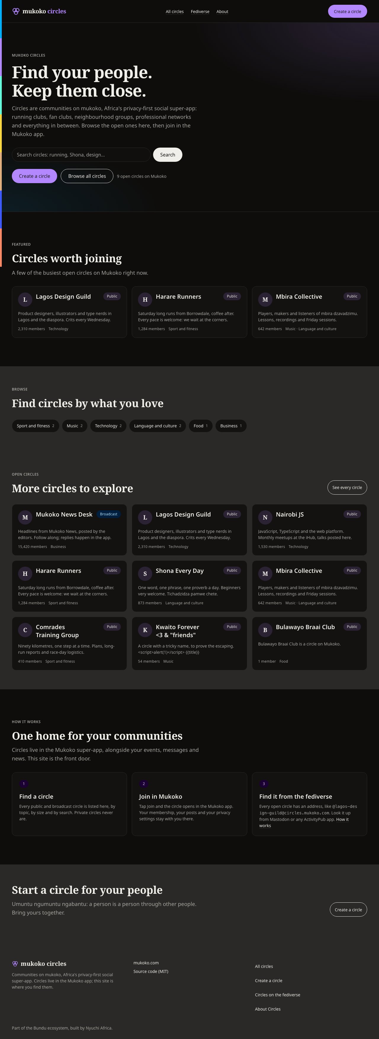 The Mukoko Circles home page at 1280 pixels in dark mode, with the same layout on a near-black surface.