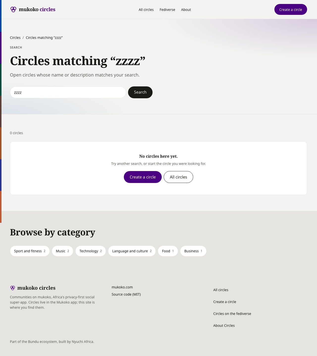 A search results page with no matches: the hero with the query in the search box, a line reading 0 circles, an empty state card reading No circles here yet, with Create a circle and All circles actions, and the category chips.