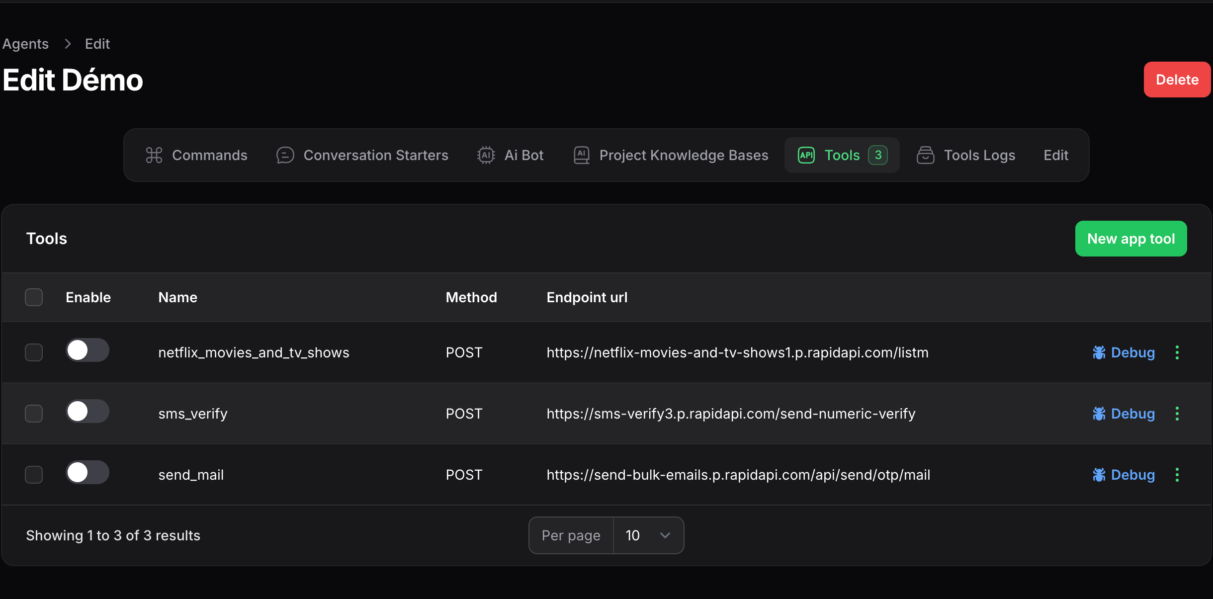 Agent API configuration tab