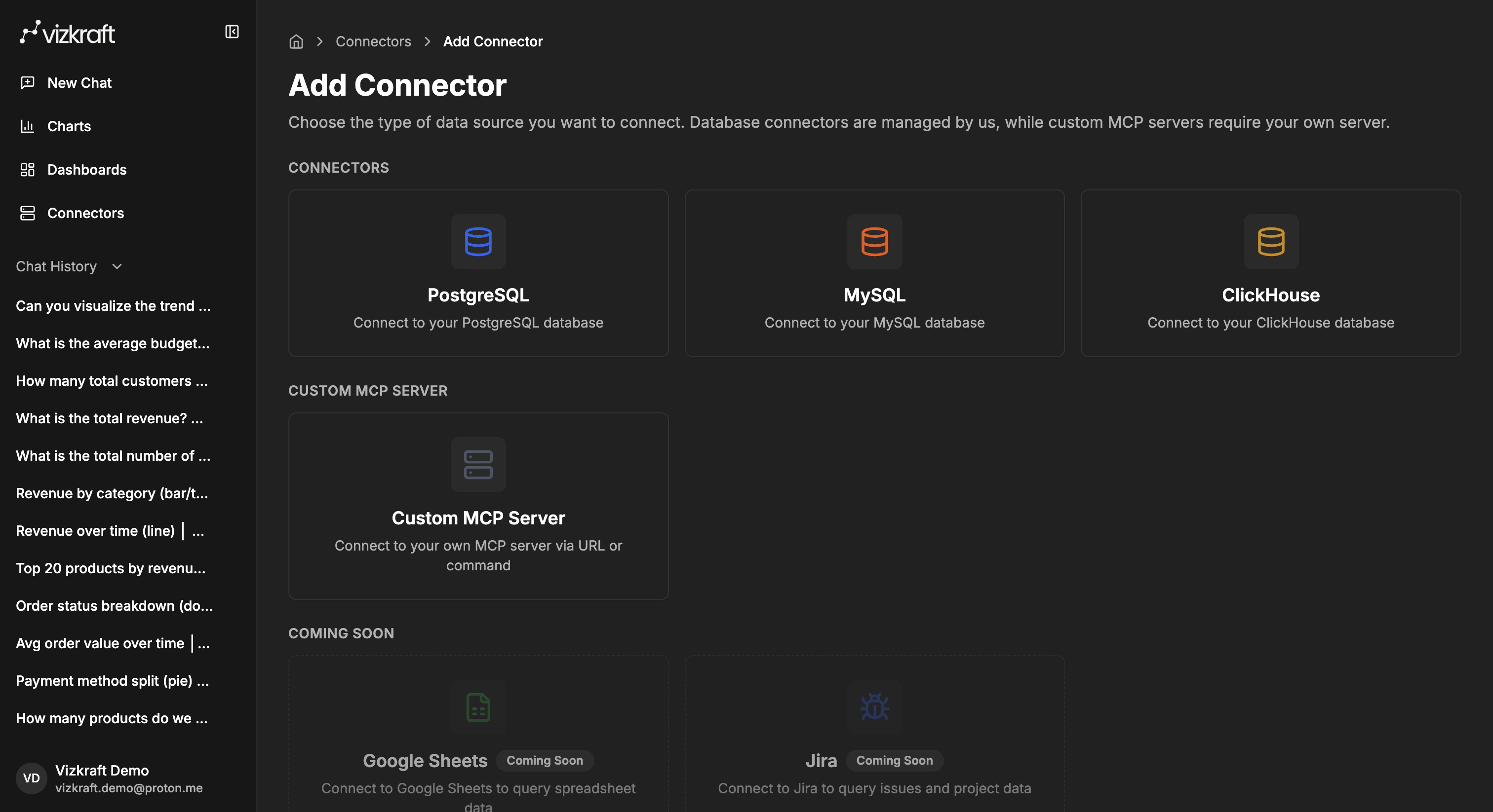 Add connector screen with managed databases and custom MCP server options
