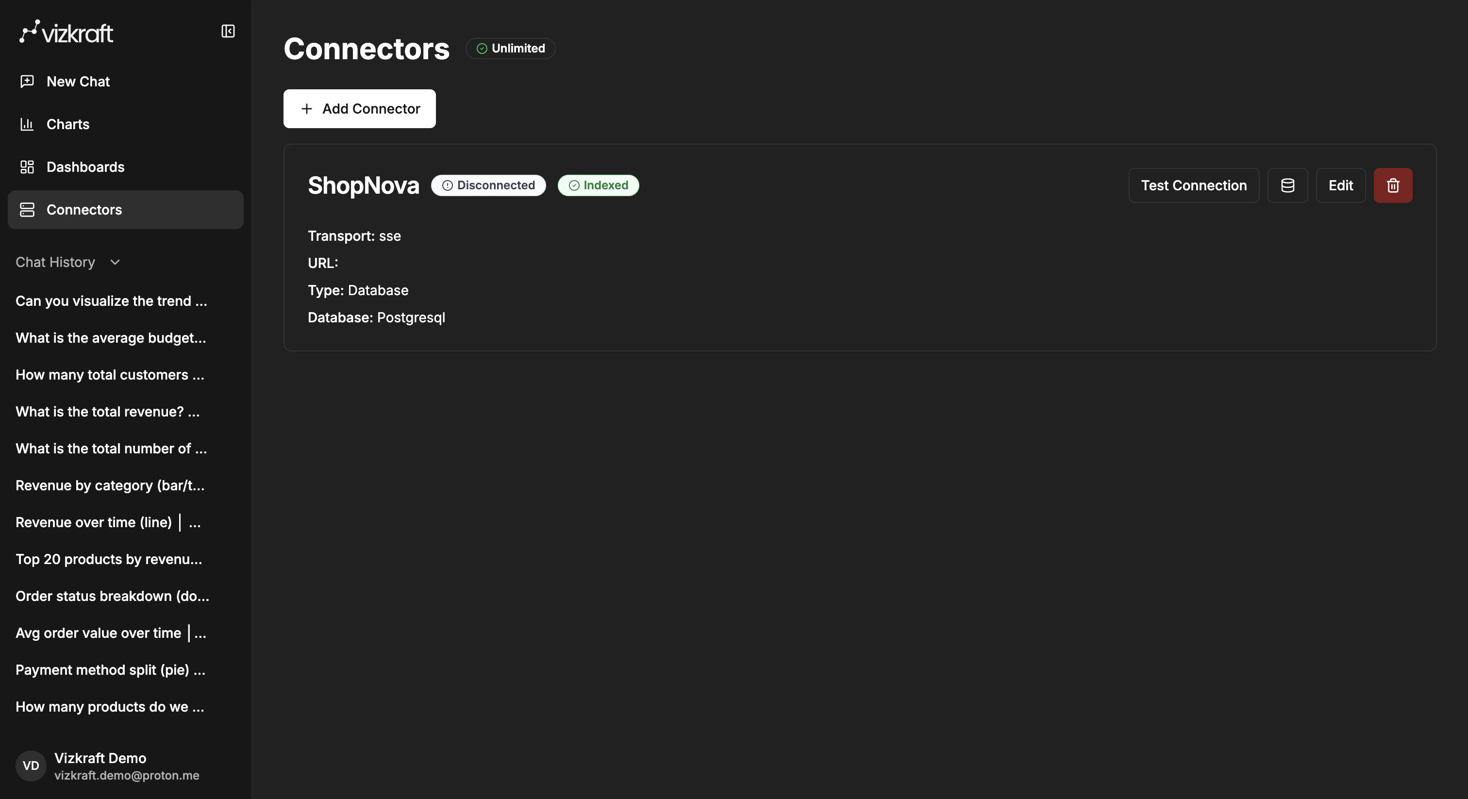 Connectors page showing the saved ShopNova connector