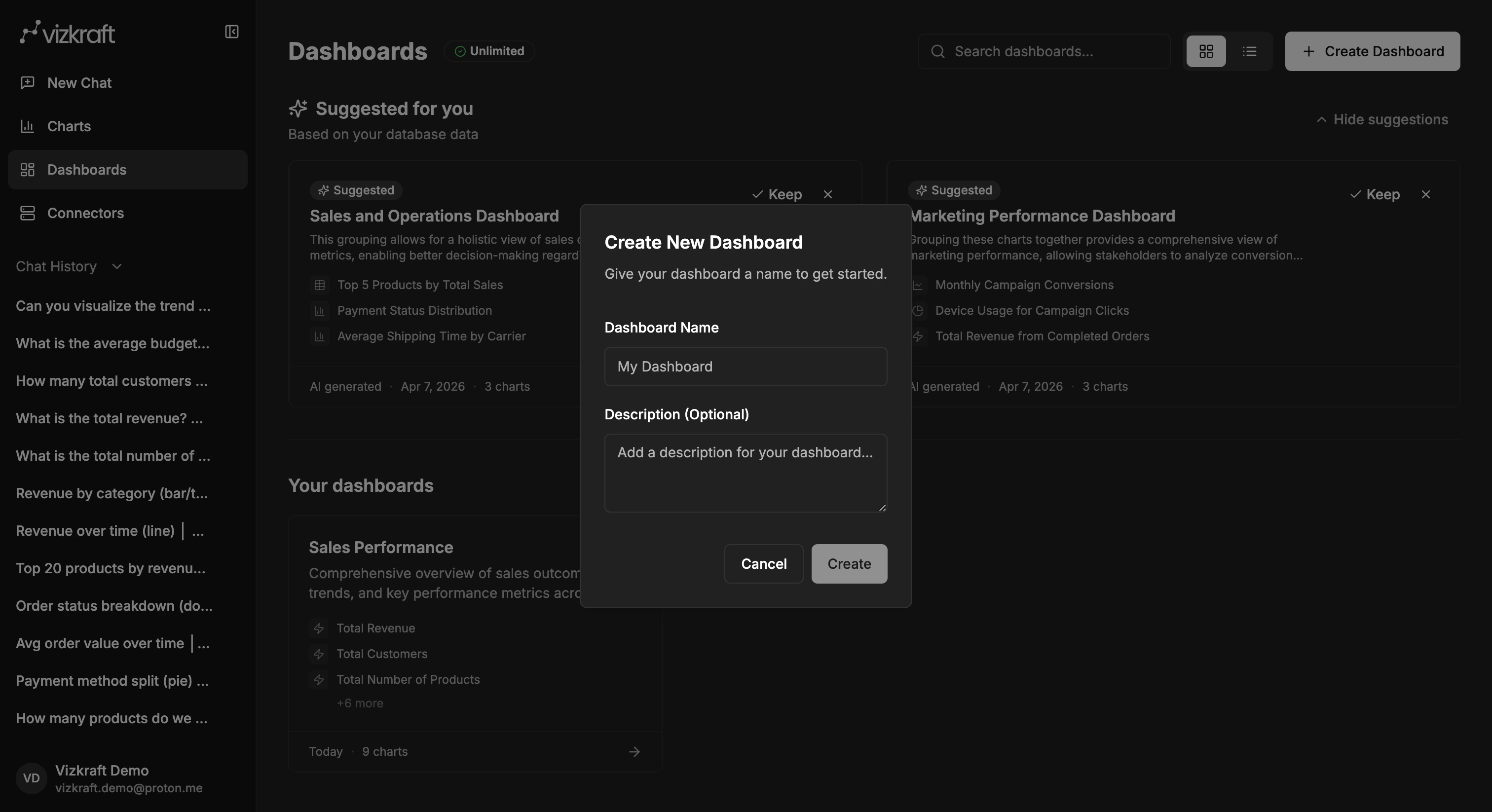 Create dashboard dialog from the dashboards library