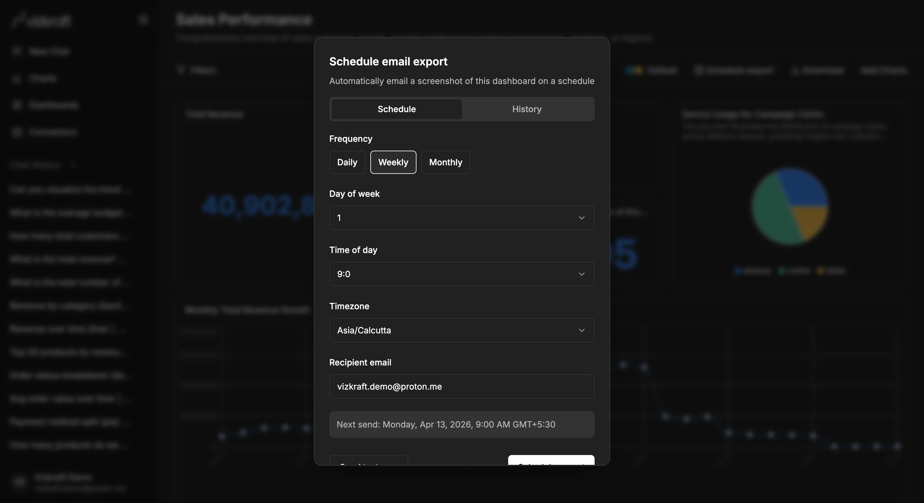 Schedule export dialog for recurring dashboard emails