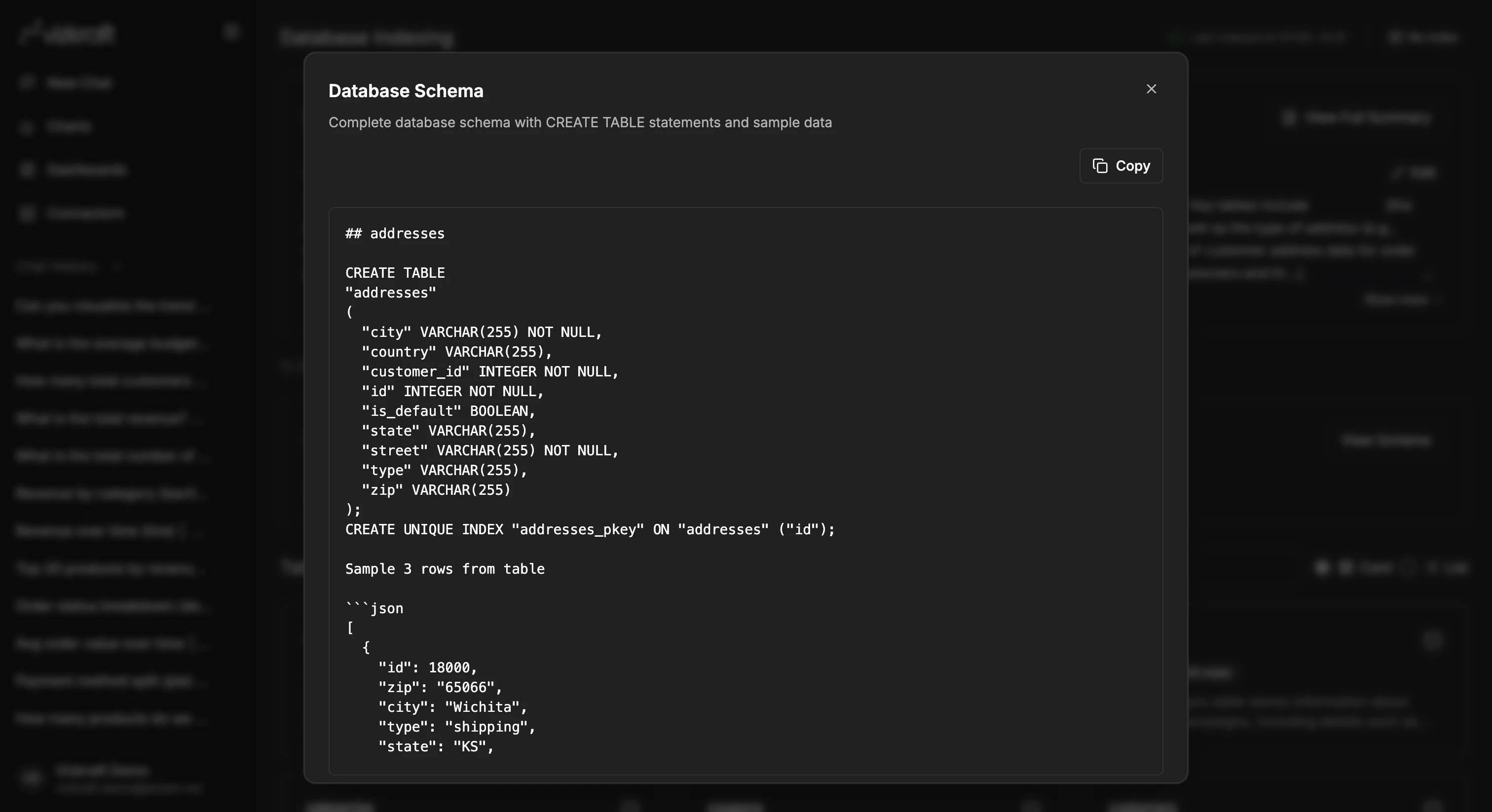 Database schema viewer opened from indexing