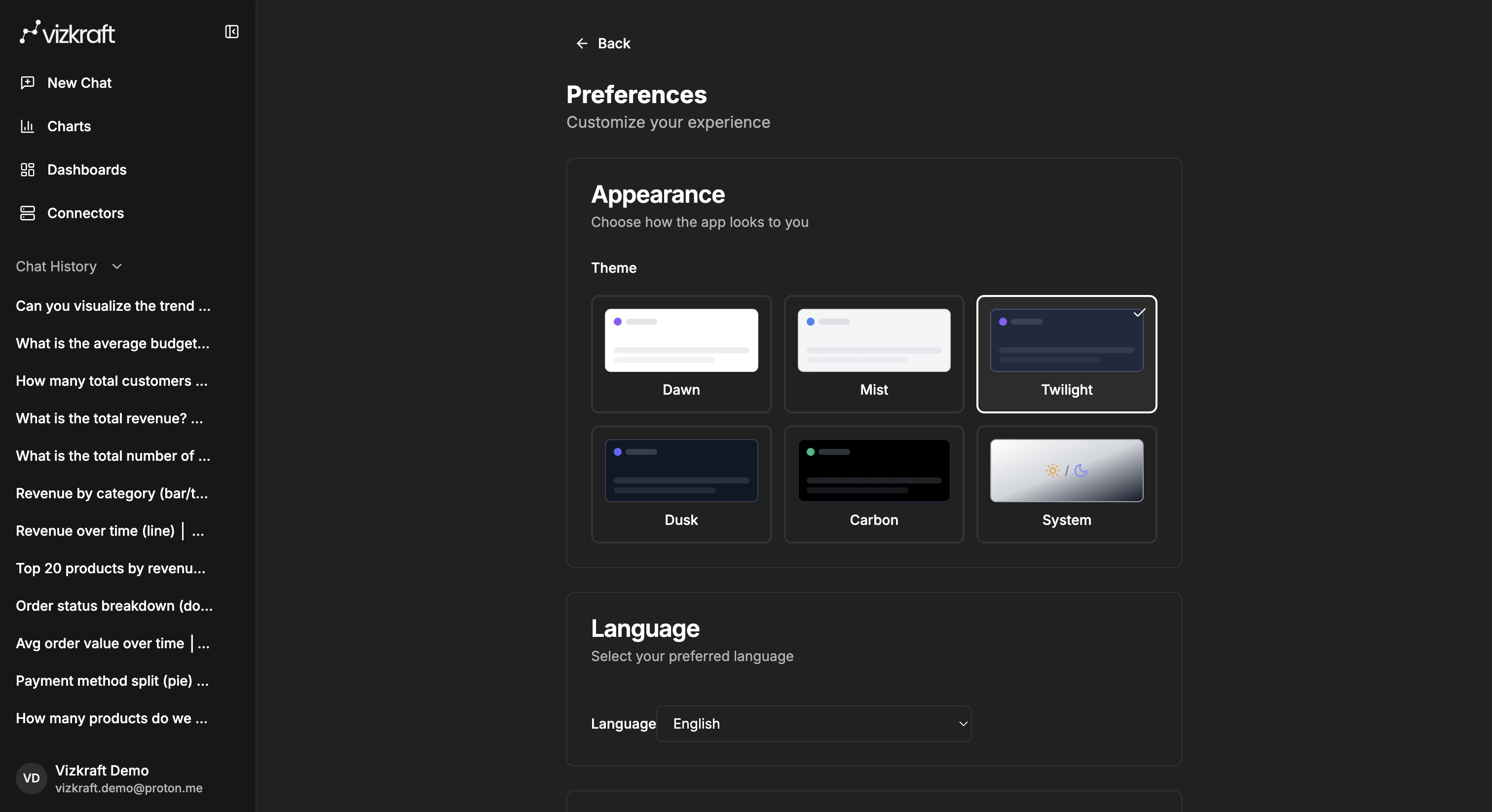 Preferences page showing appearance and language settings