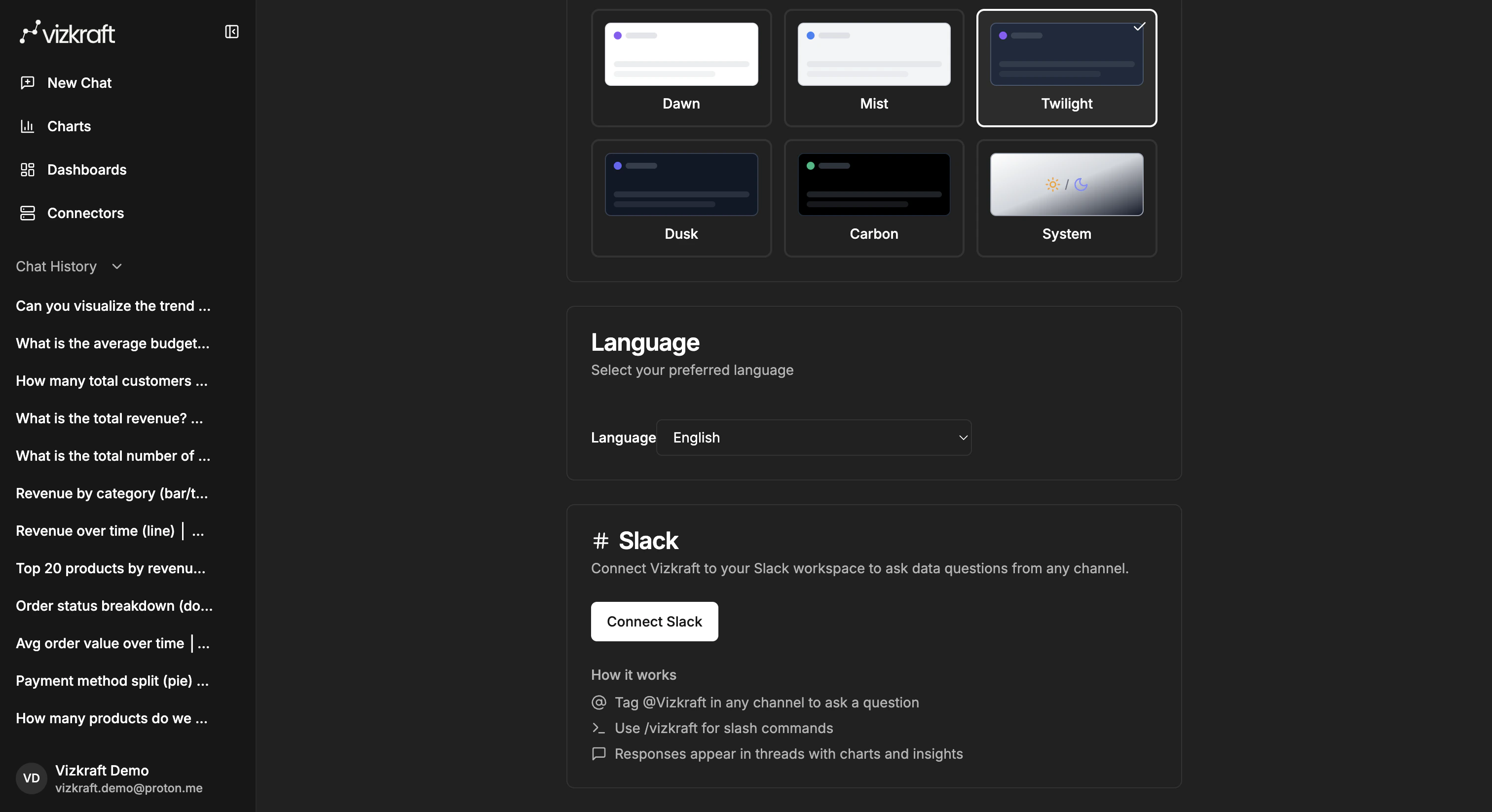 Preferences page with the Slack connection card