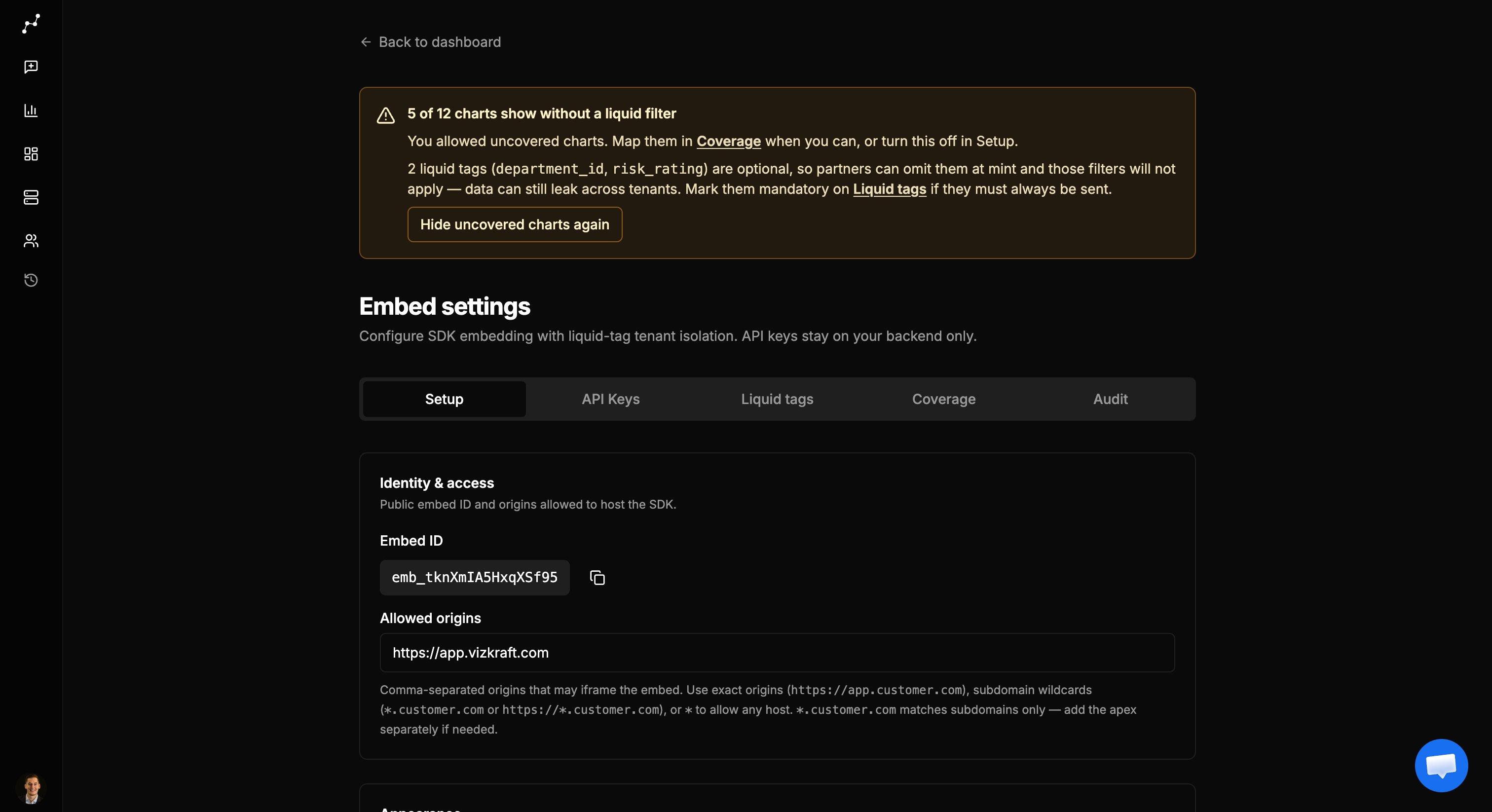 Embed settings Setup tab