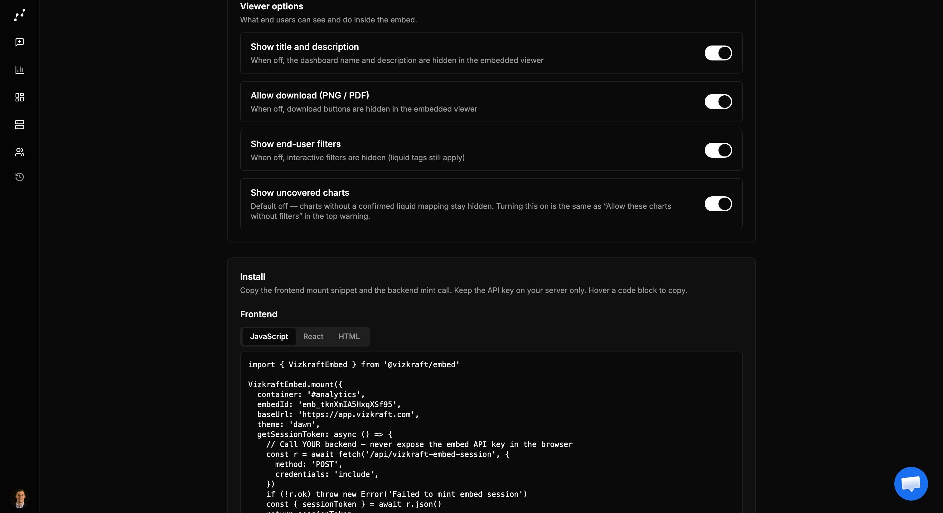 Embed settings viewer options