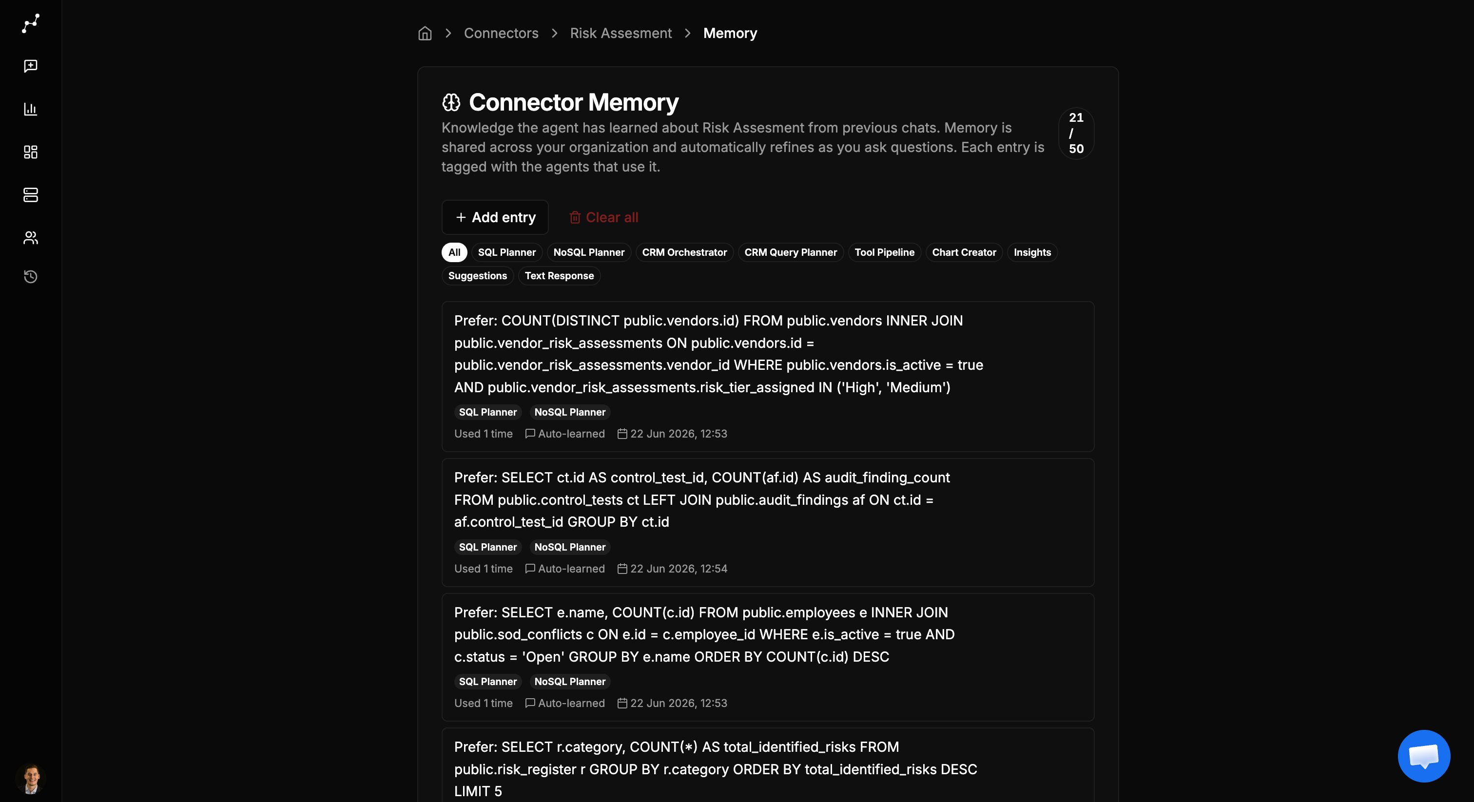 Connector memory panel showing learned entries and agent tags