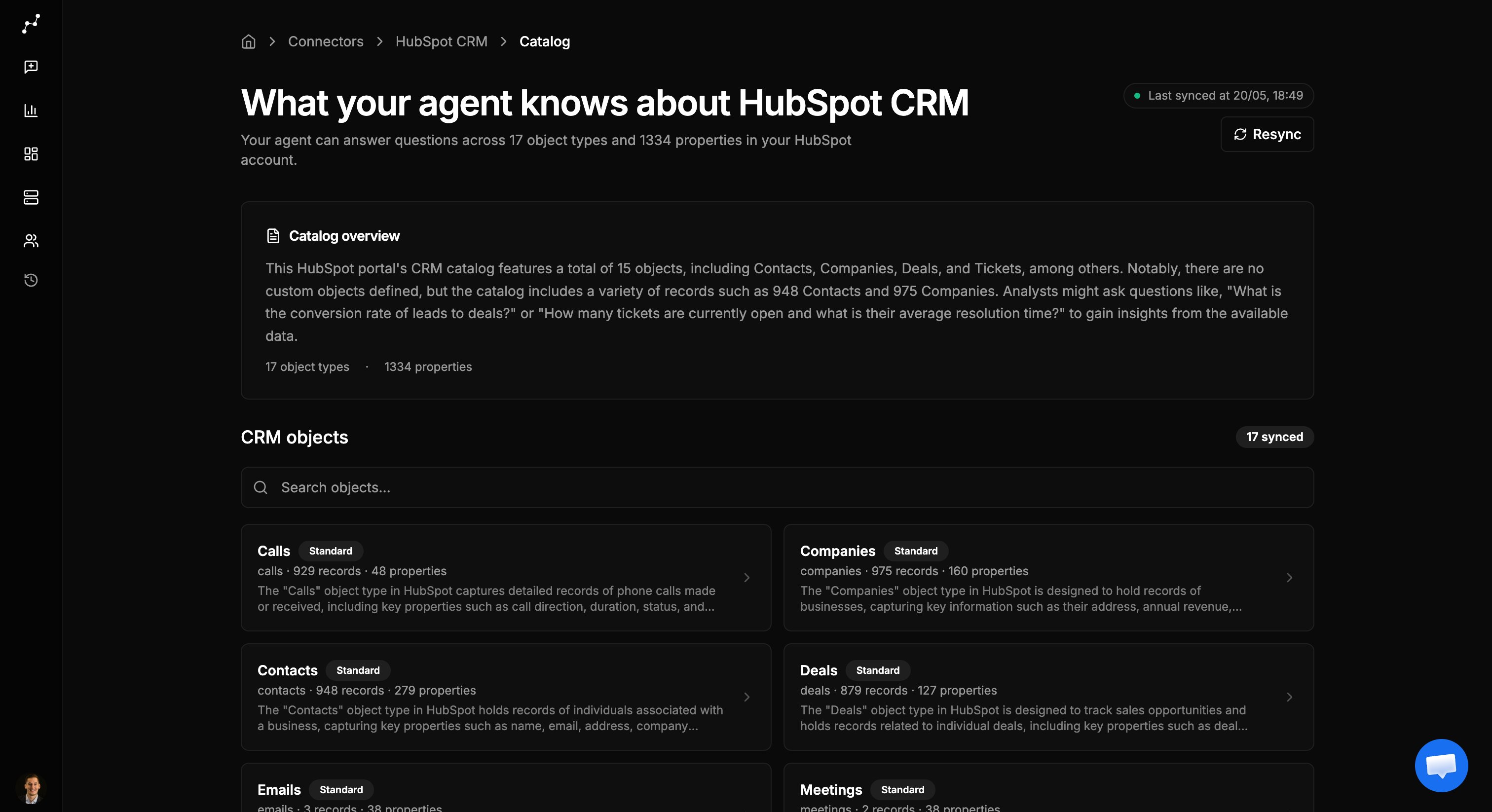 HubSpot CRM catalog sync completed with objects and properties listed