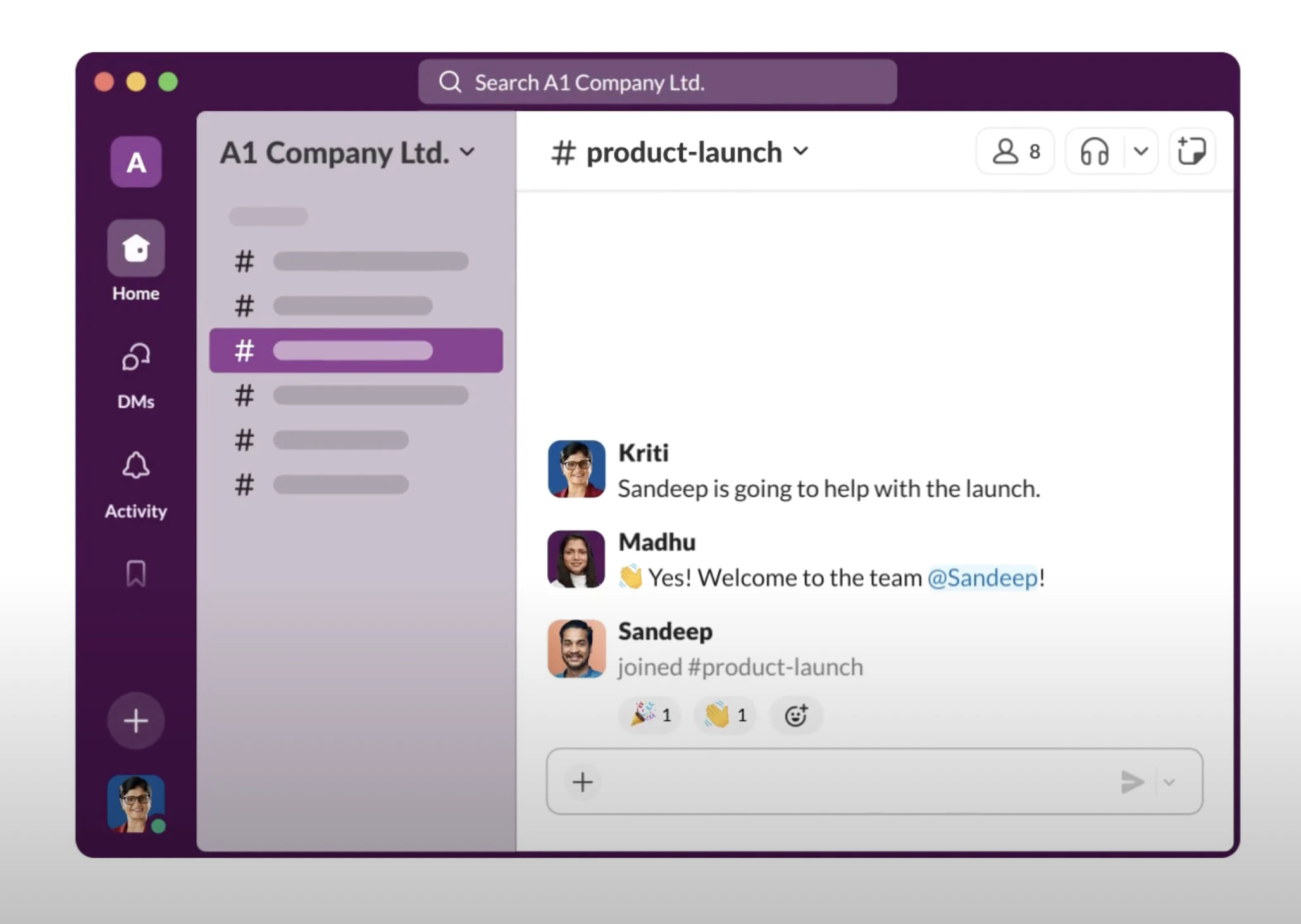 Slack channels interface