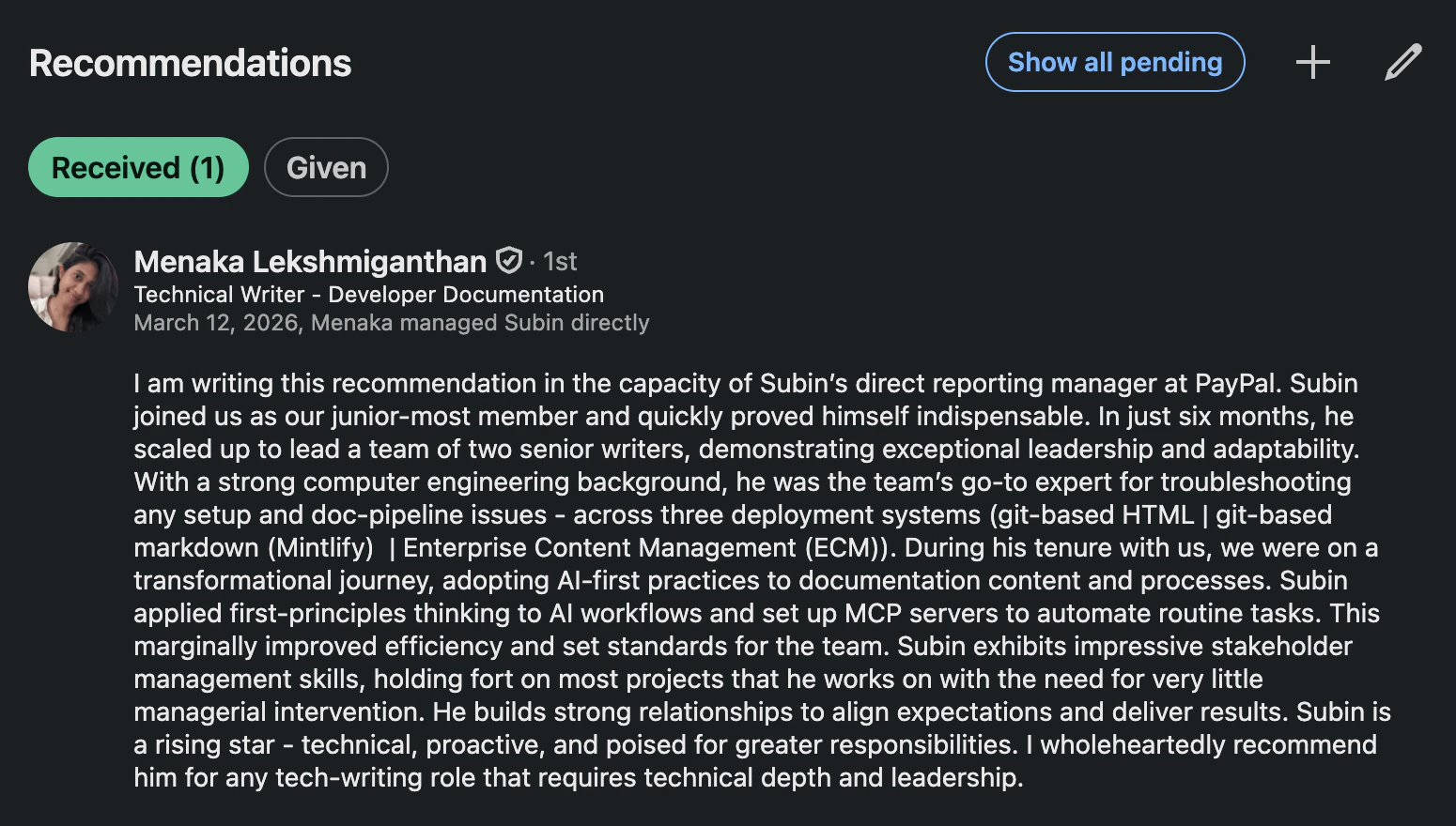 LinkedIn recommendation from Menaka Lekshmiganthan, Developer Documentation Manager at PayPal