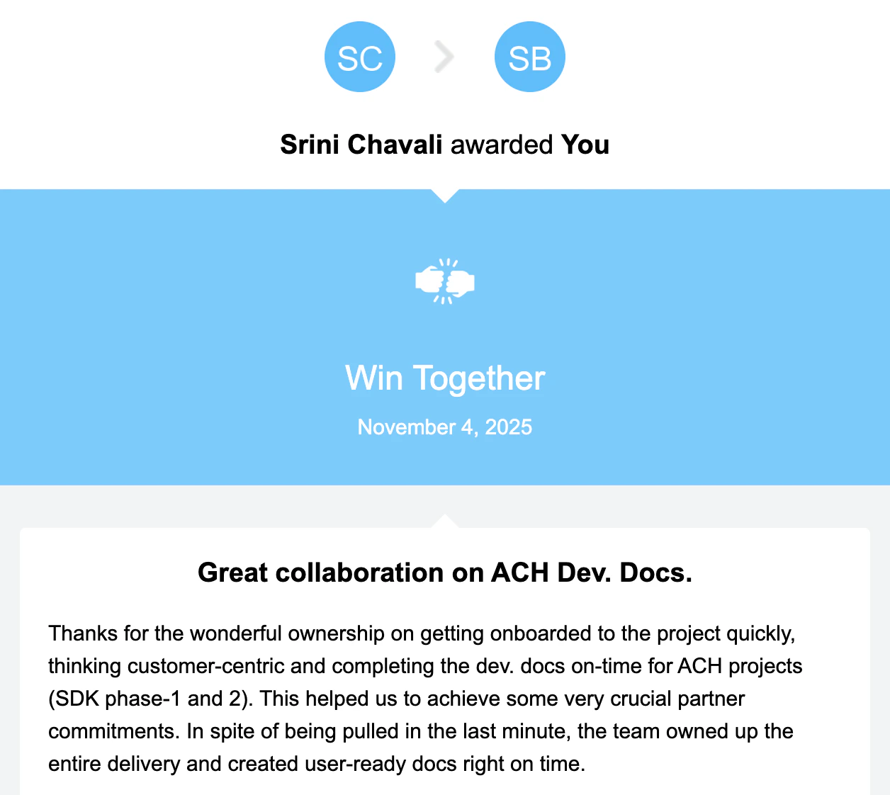 Recognition for ACH developer documentation from Srini Chavali, Product Manager at PayPal