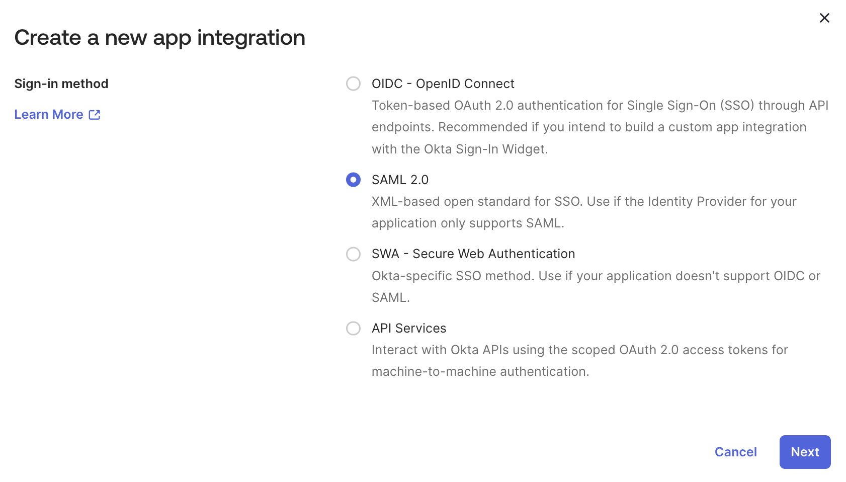 Select SAML 2.0 as sign-in method