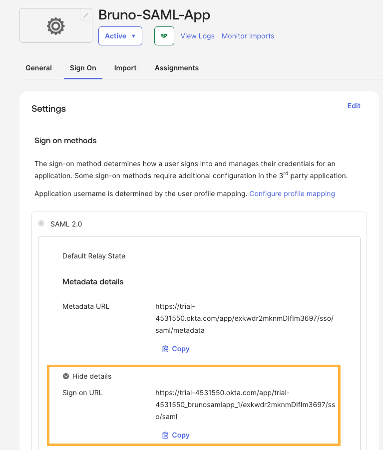 Copy SAML metadata from Okta