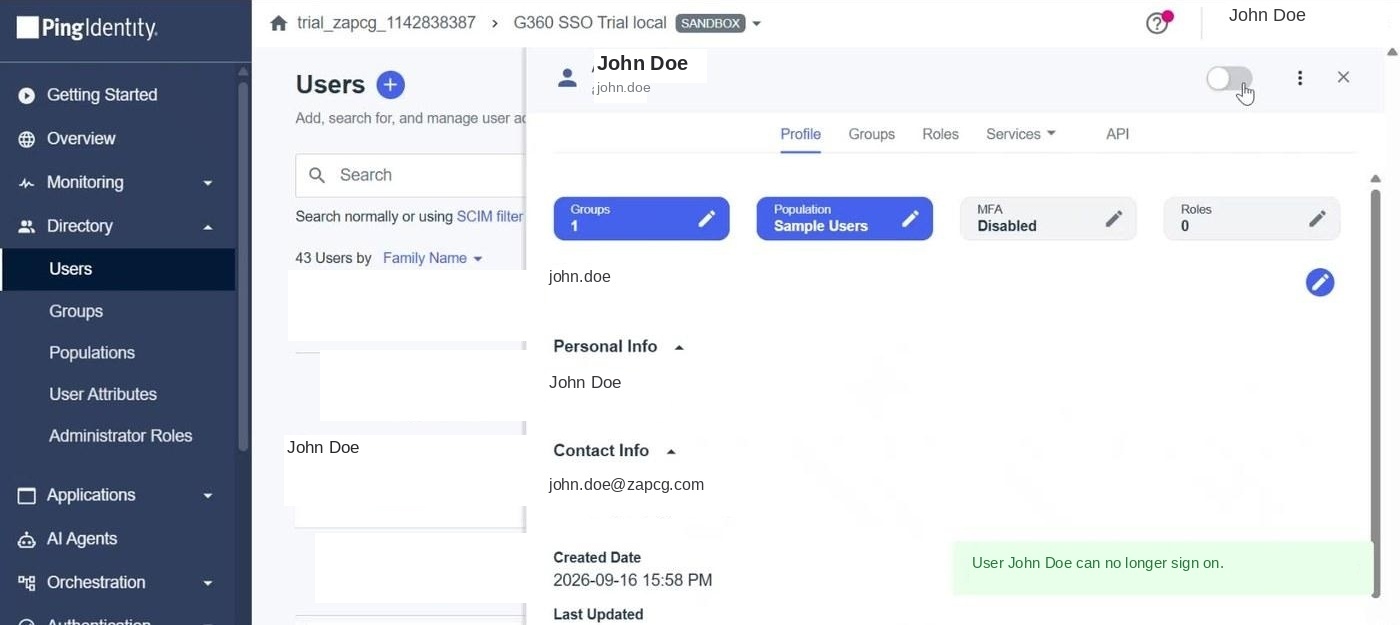 Identity provider user profile with the enabled toggle switched off and a confirmation that the user can no longer sign on