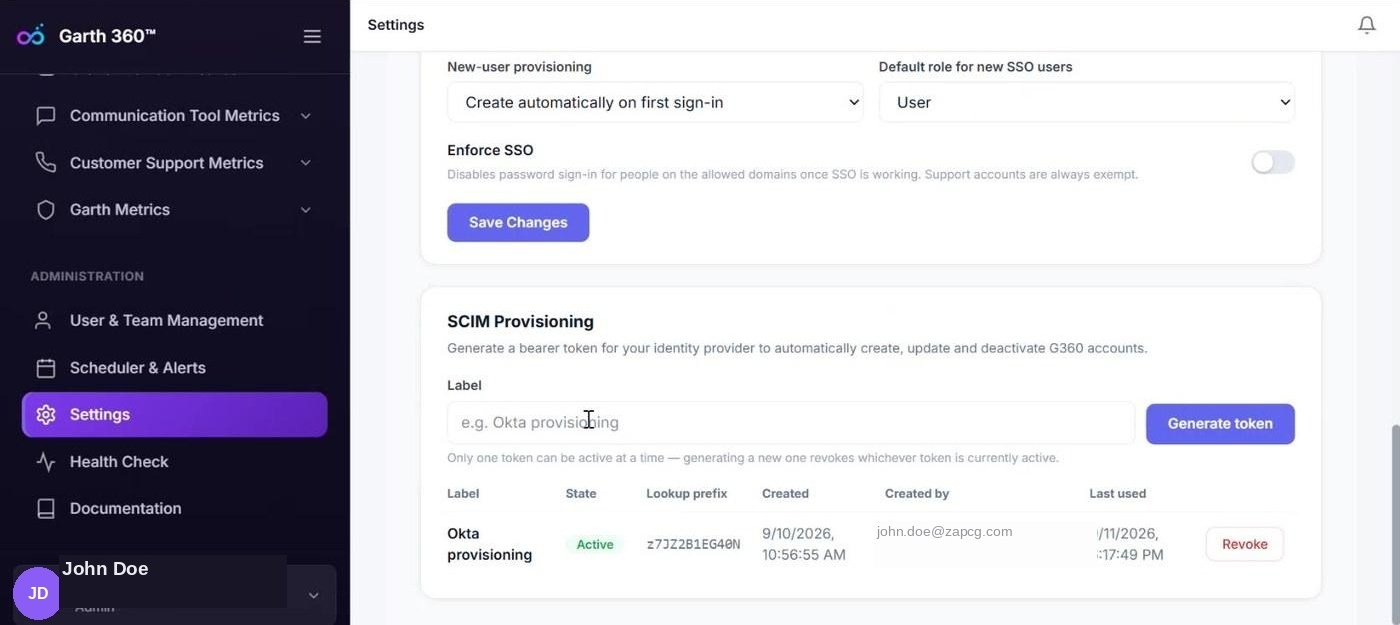 G360 SCIM Provisioning settings with a label field, Generate token button, and a table of existing tokens