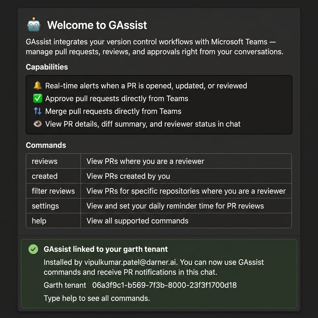 GAssist welcome card in MS Teams showing capabilities, commands, and tenant confirmation